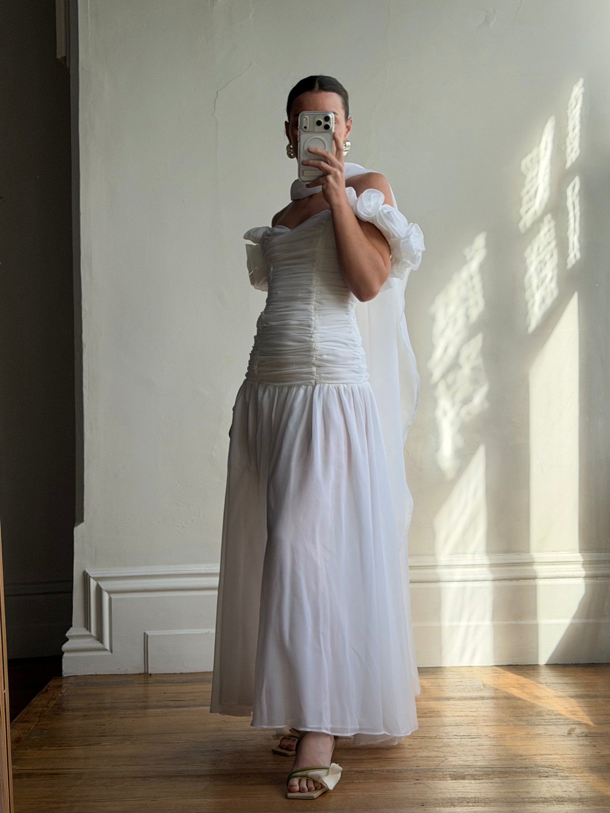 Vintage 90s Chiffon Rosette Off-Shoulder Drop Waist Wedding Dress