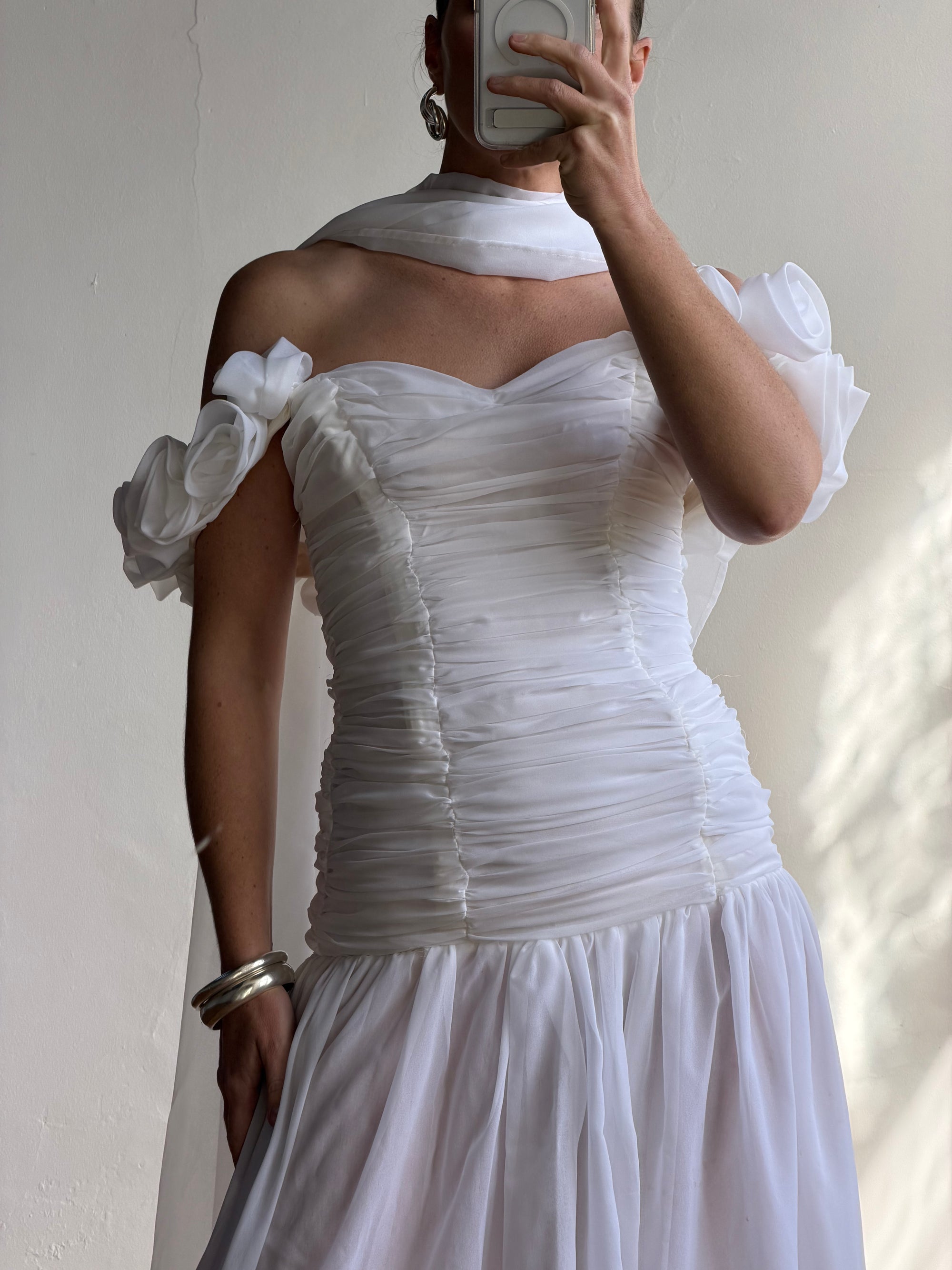 Vintage 90s Chiffon Rosette Off-Shoulder Drop Waist Wedding Dress