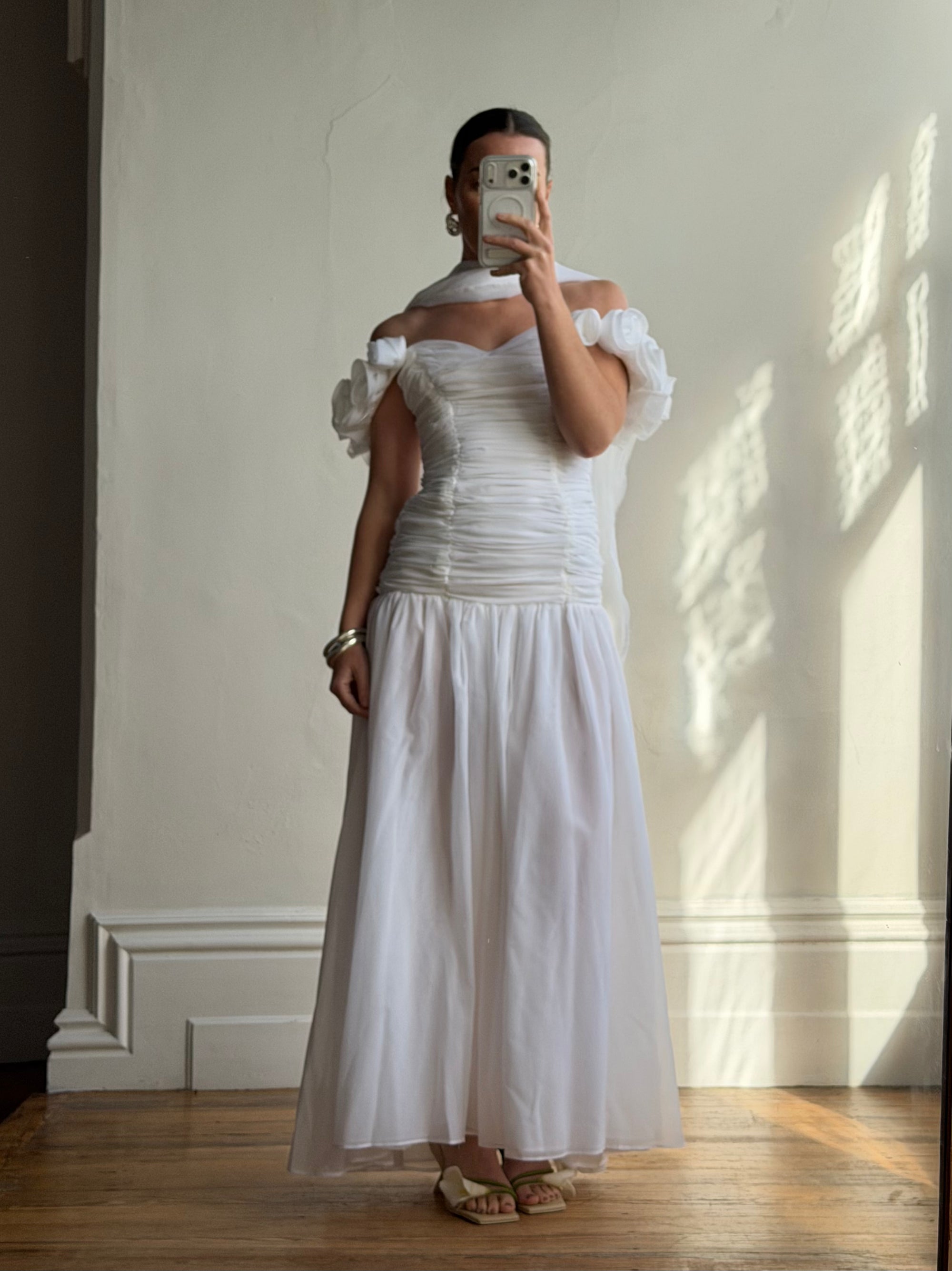 Vintage 90s Chiffon Rosette Off-Shoulder Drop Waist Wedding Dress