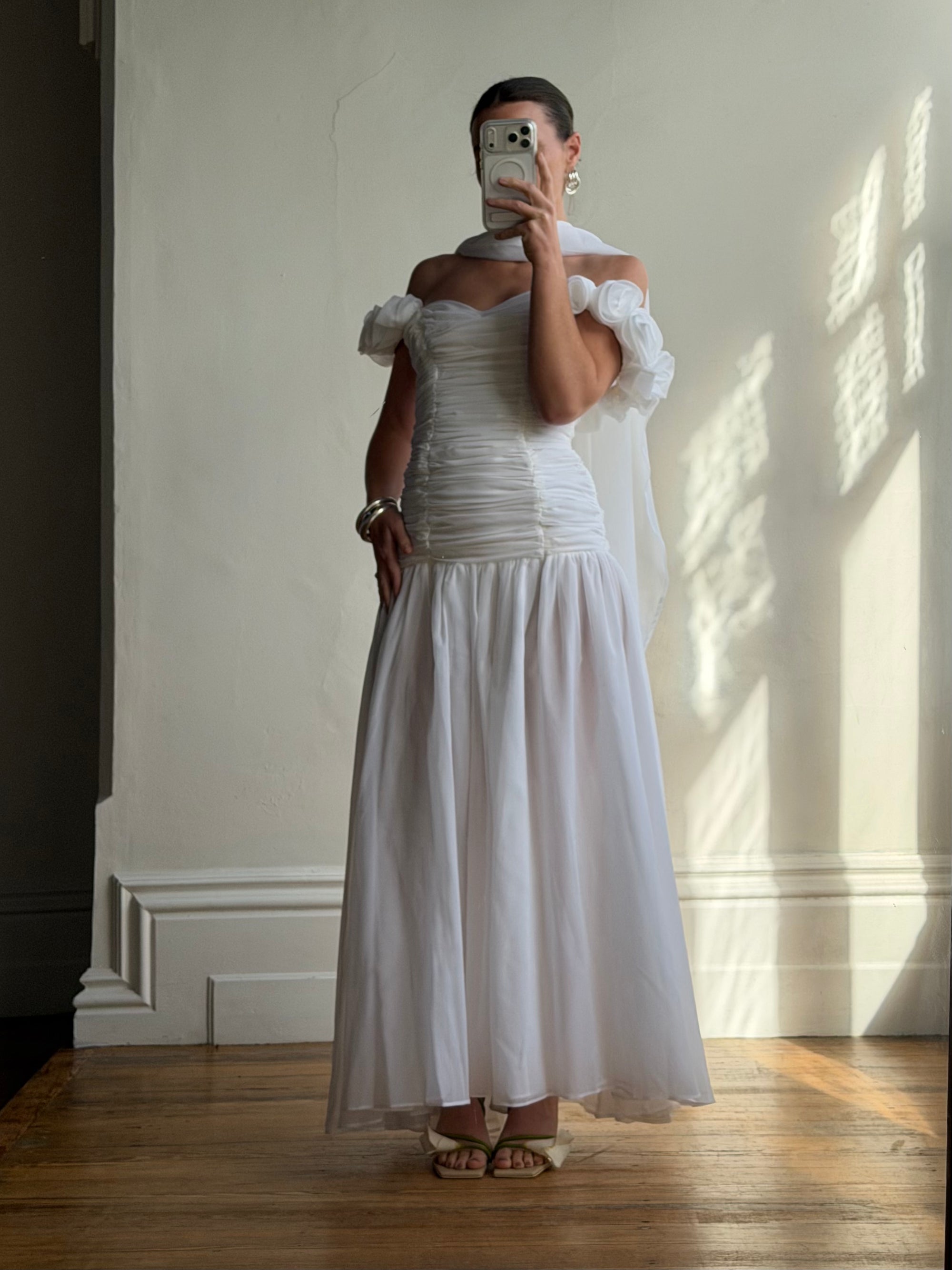 Vintage 90s Chiffon Rosette Off-Shoulder Drop Waist Wedding Dress