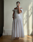 Vintage 90s Chiffon Rosette Off-Shoulder Drop Waist Wedding Dress