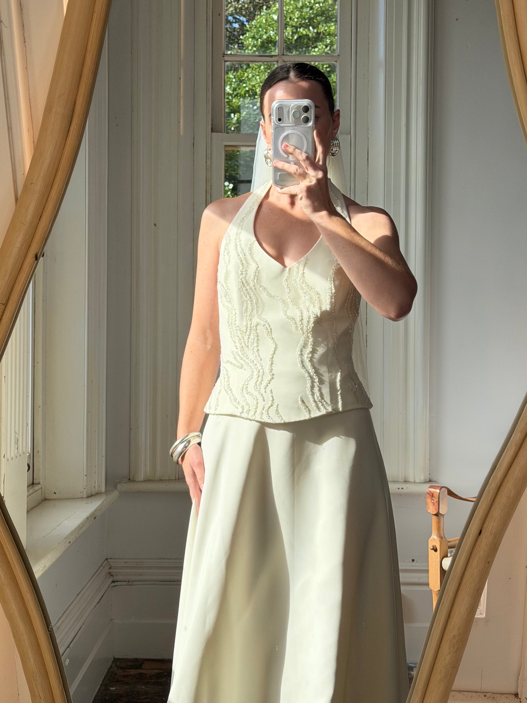 Vintage 90s Glass Beaded Halter Bodice &amp; Crepe Skirt Bridal Set