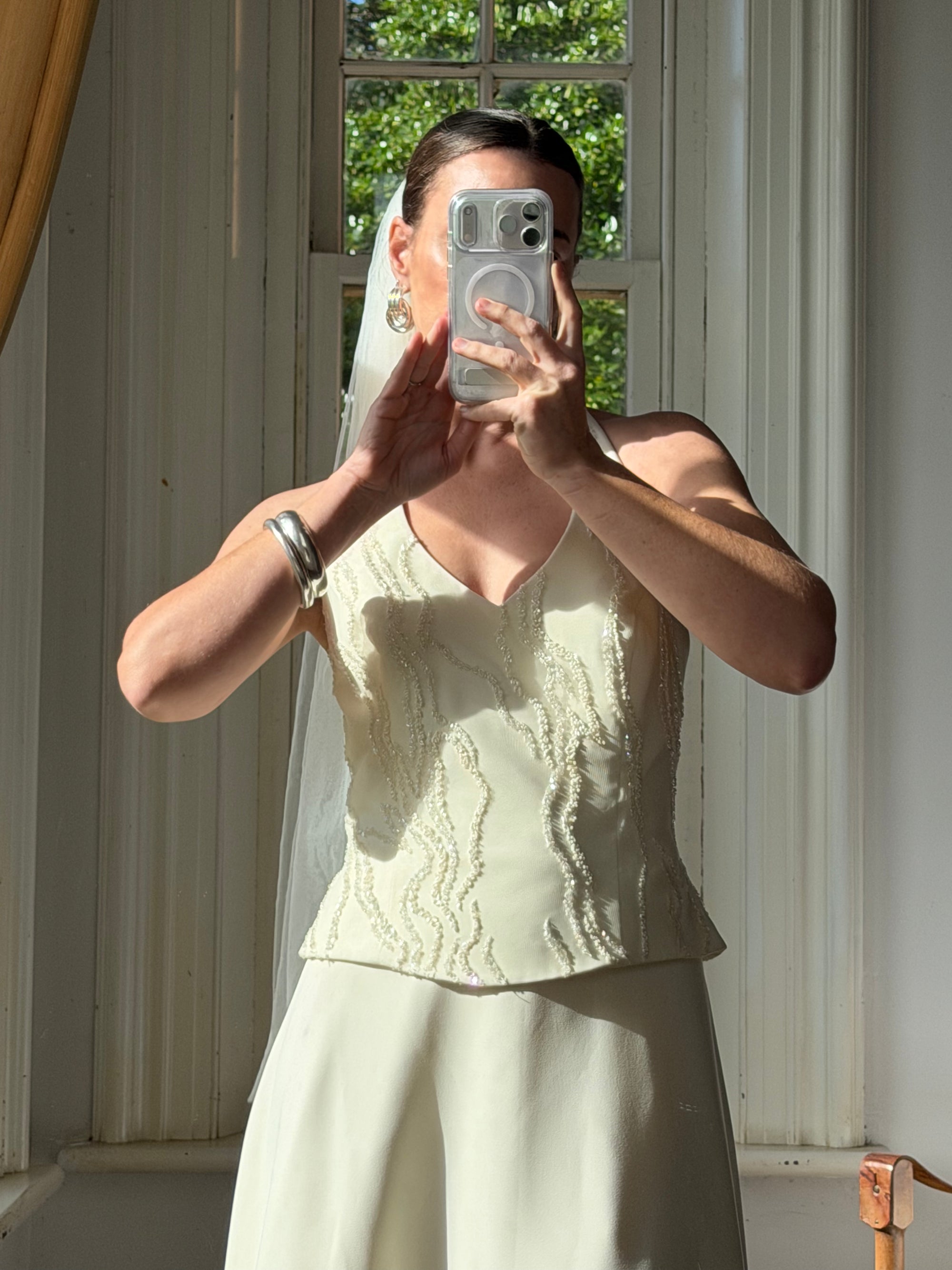Vintage 90s Glass Beaded Halter Bodice &amp; Crepe Skirt Bridal Set