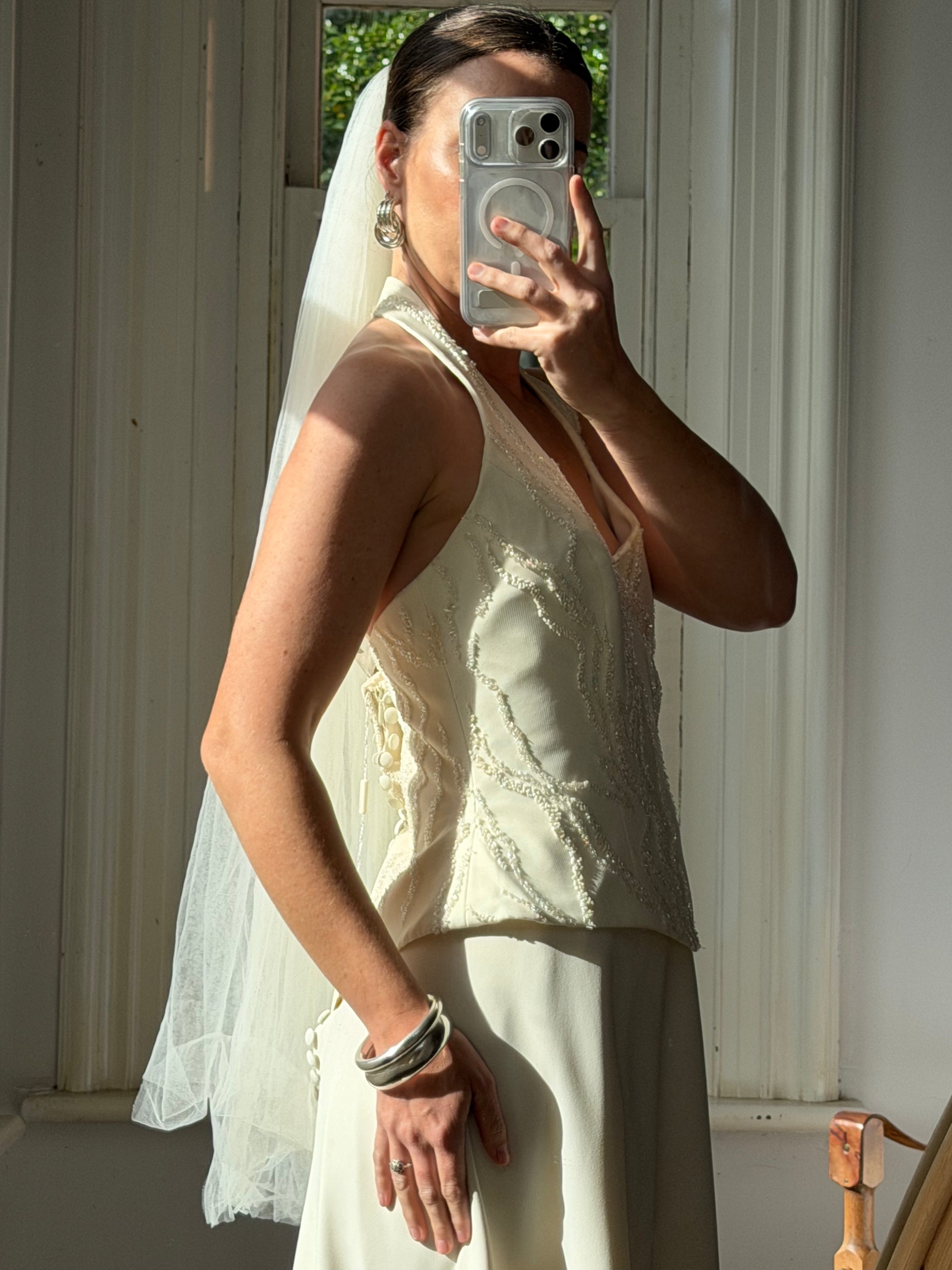 Vintage 90s Glass Beaded Halter Bodice &amp; Crepe Skirt Bridal Set