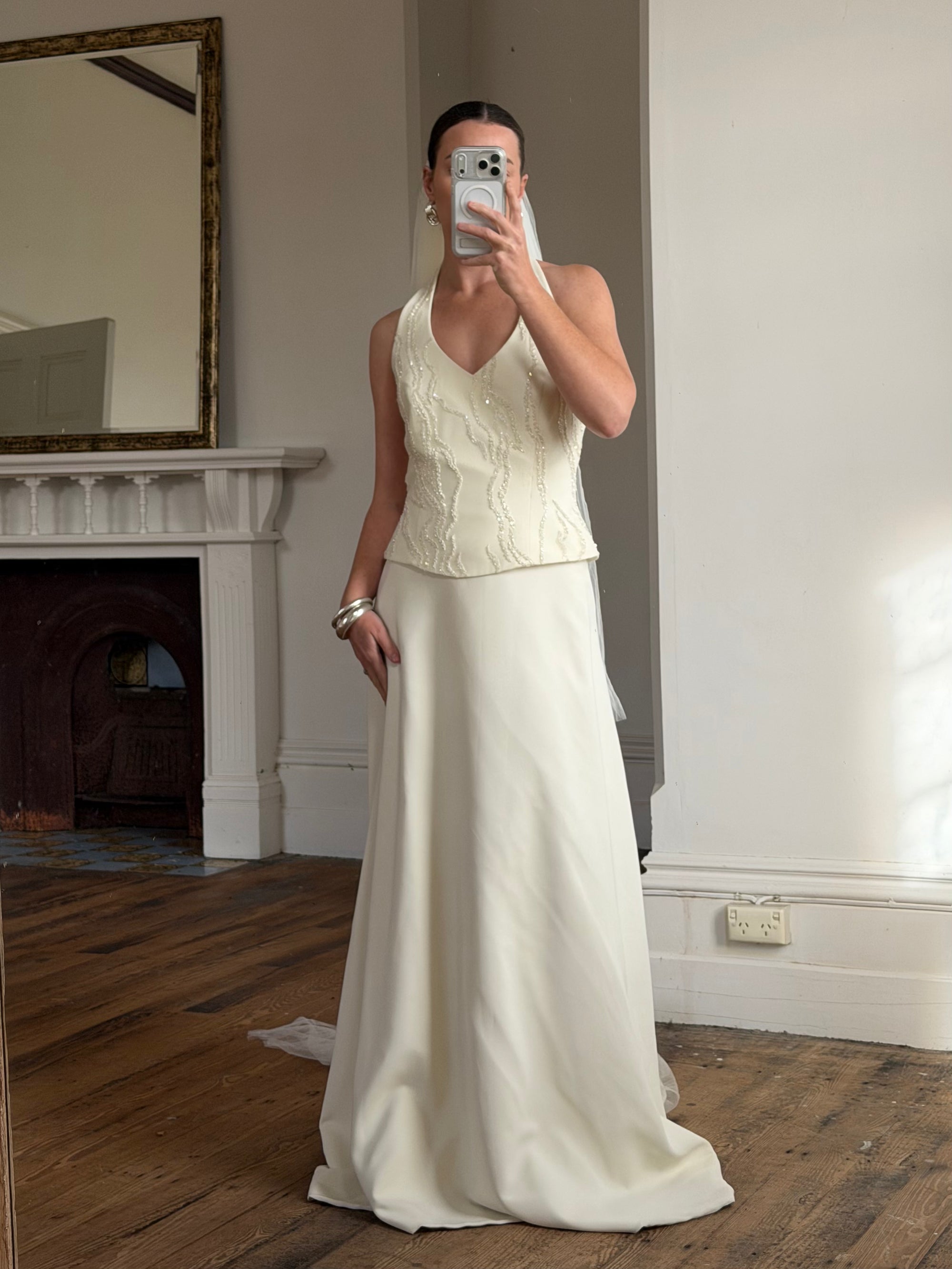 Vintage 90s Glass Beaded Halter Bodice &amp; Crepe Skirt Bridal Set