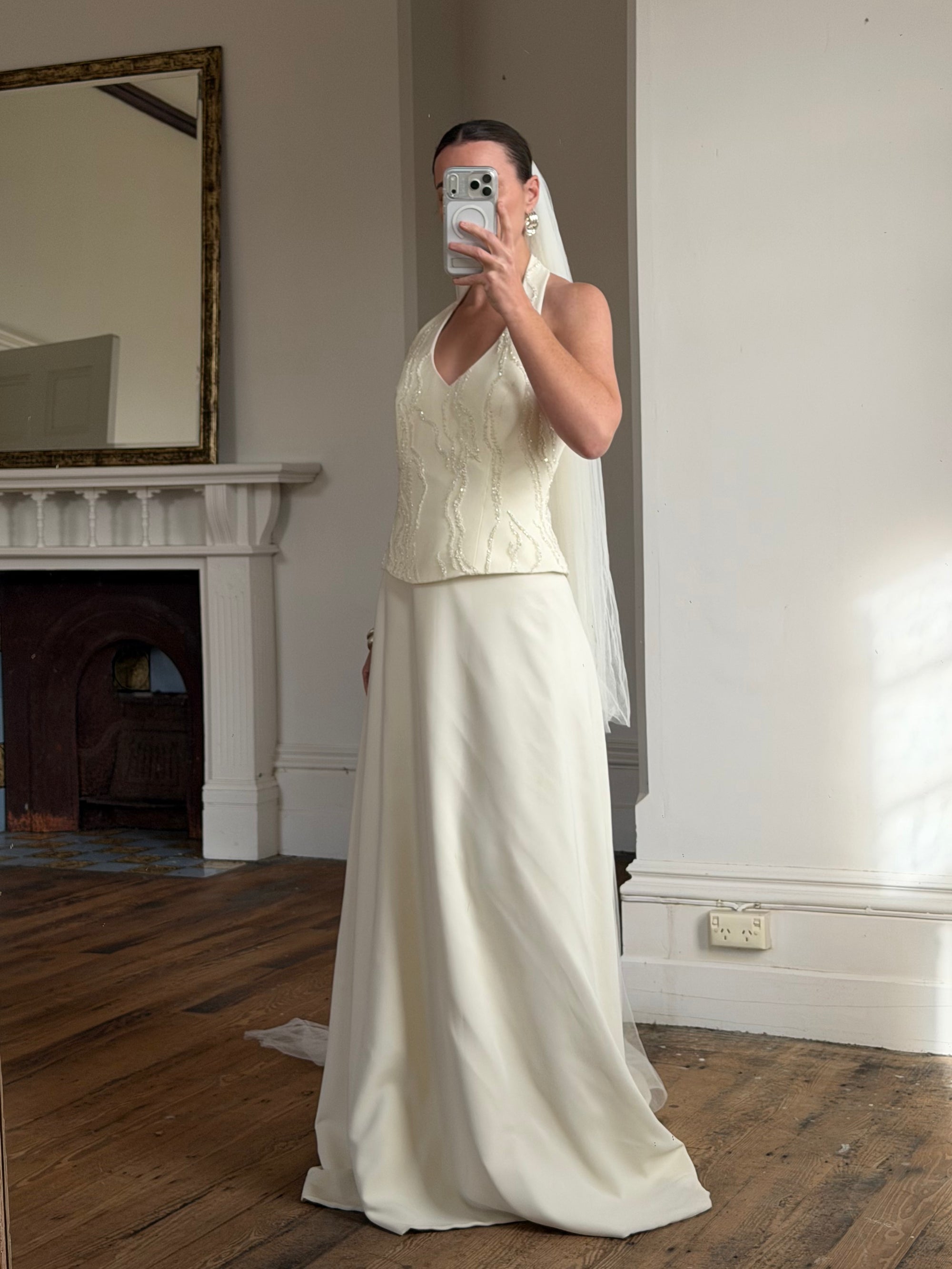Vintage 90s Glass Beaded Halter Bodice &amp; Crepe Skirt Bridal Set