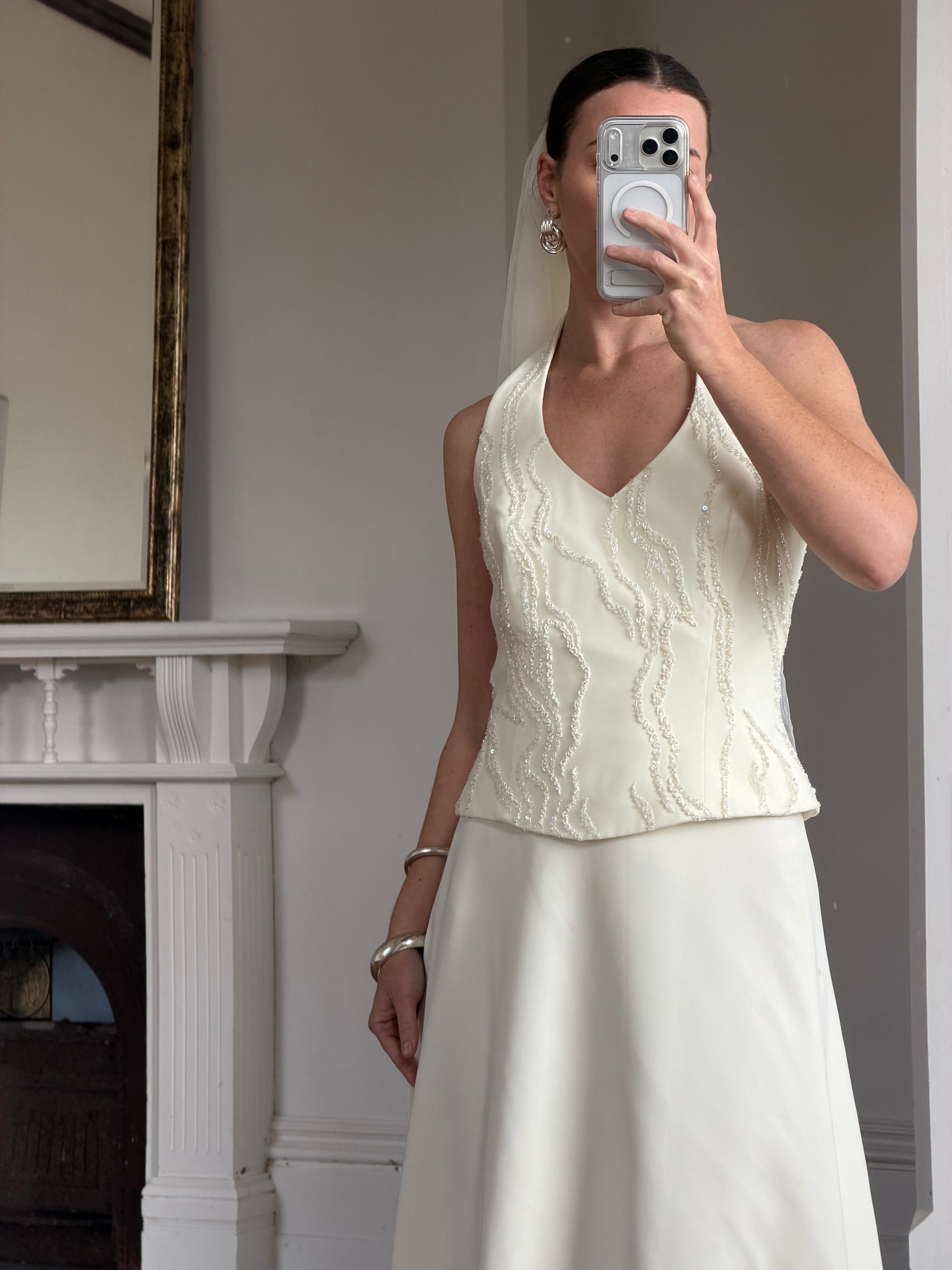 Vintage 90s Glass Beaded Halter Bodice &amp; Crepe Skirt Bridal Set