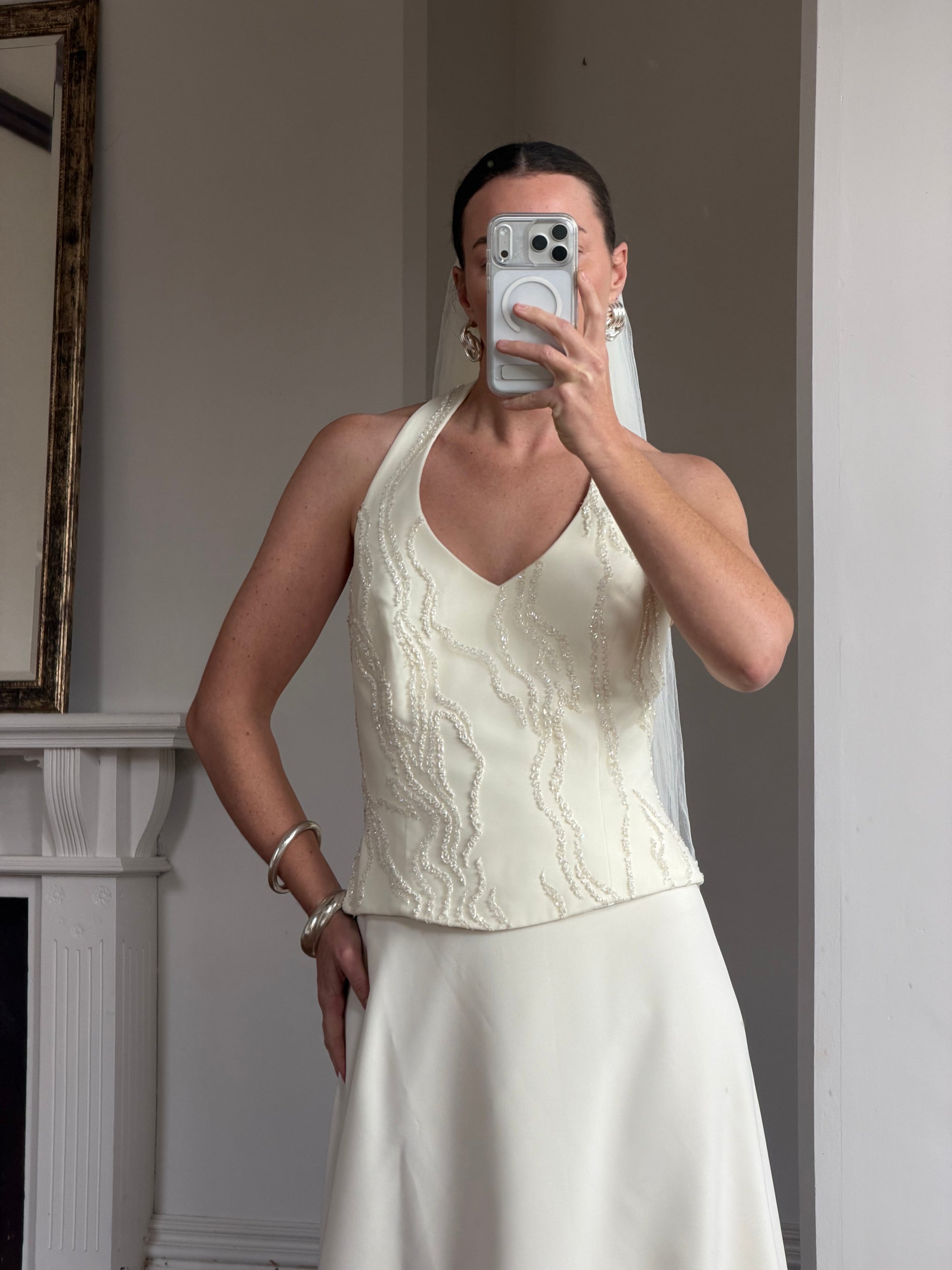 Vintage 90s Glass Beaded Halter Bodice &amp; Crepe Skirt Bridal Set