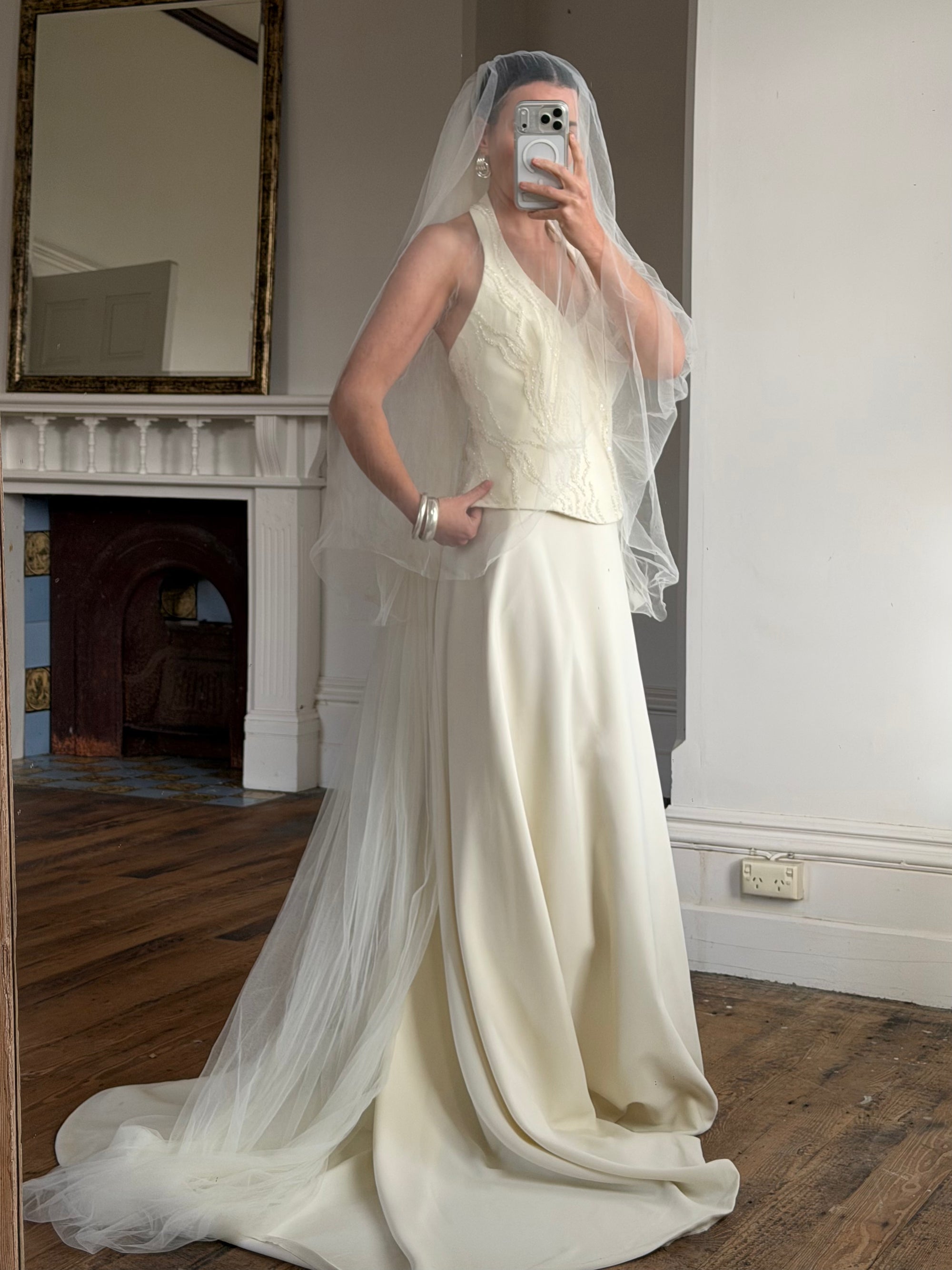 Vintage 90s Glass Beaded Halter Bodice &amp; Crepe Skirt Bridal Set