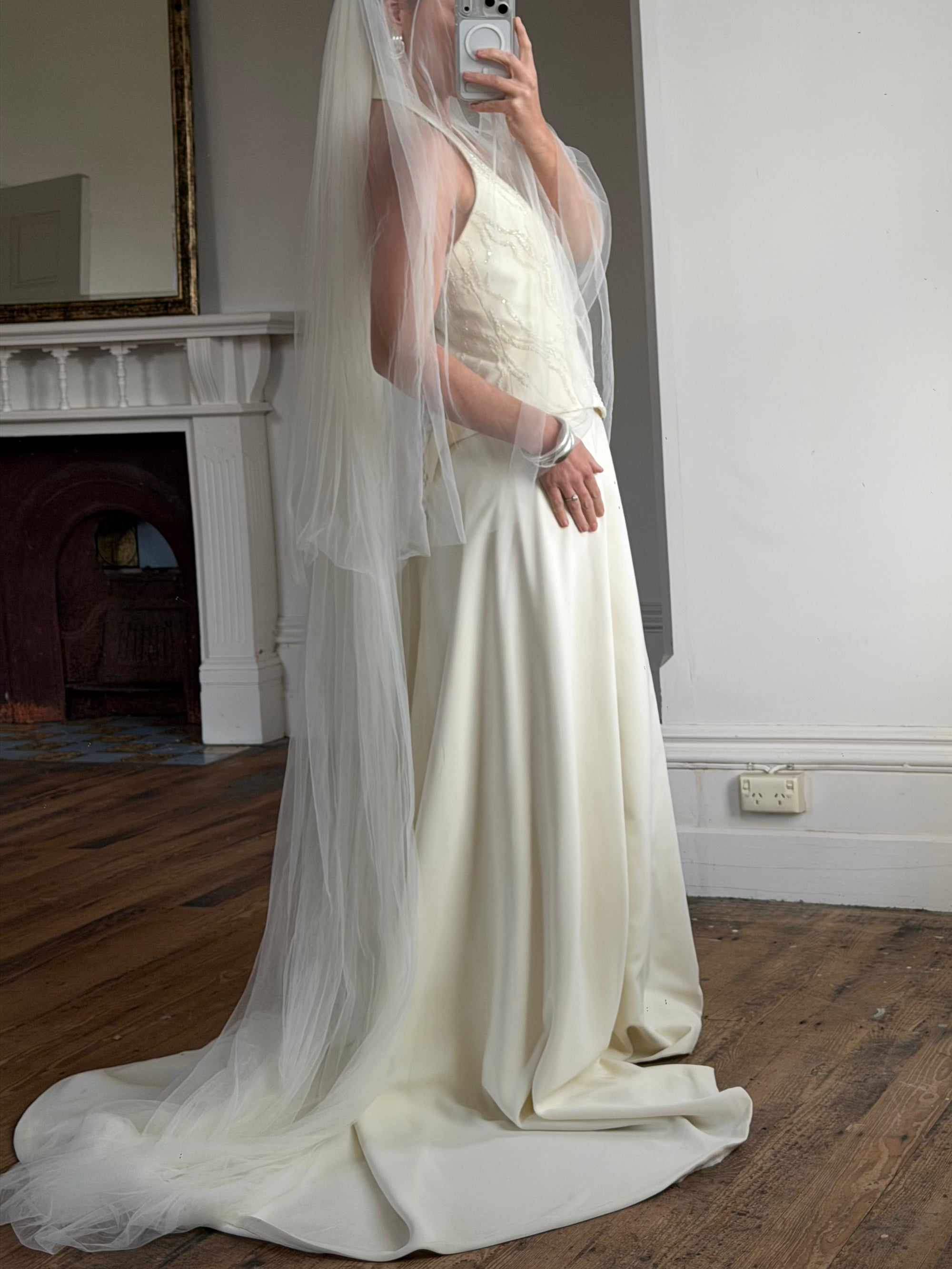 Vintage 90s Glass Beaded Halter Bodice &amp; Crepe Skirt Bridal Set