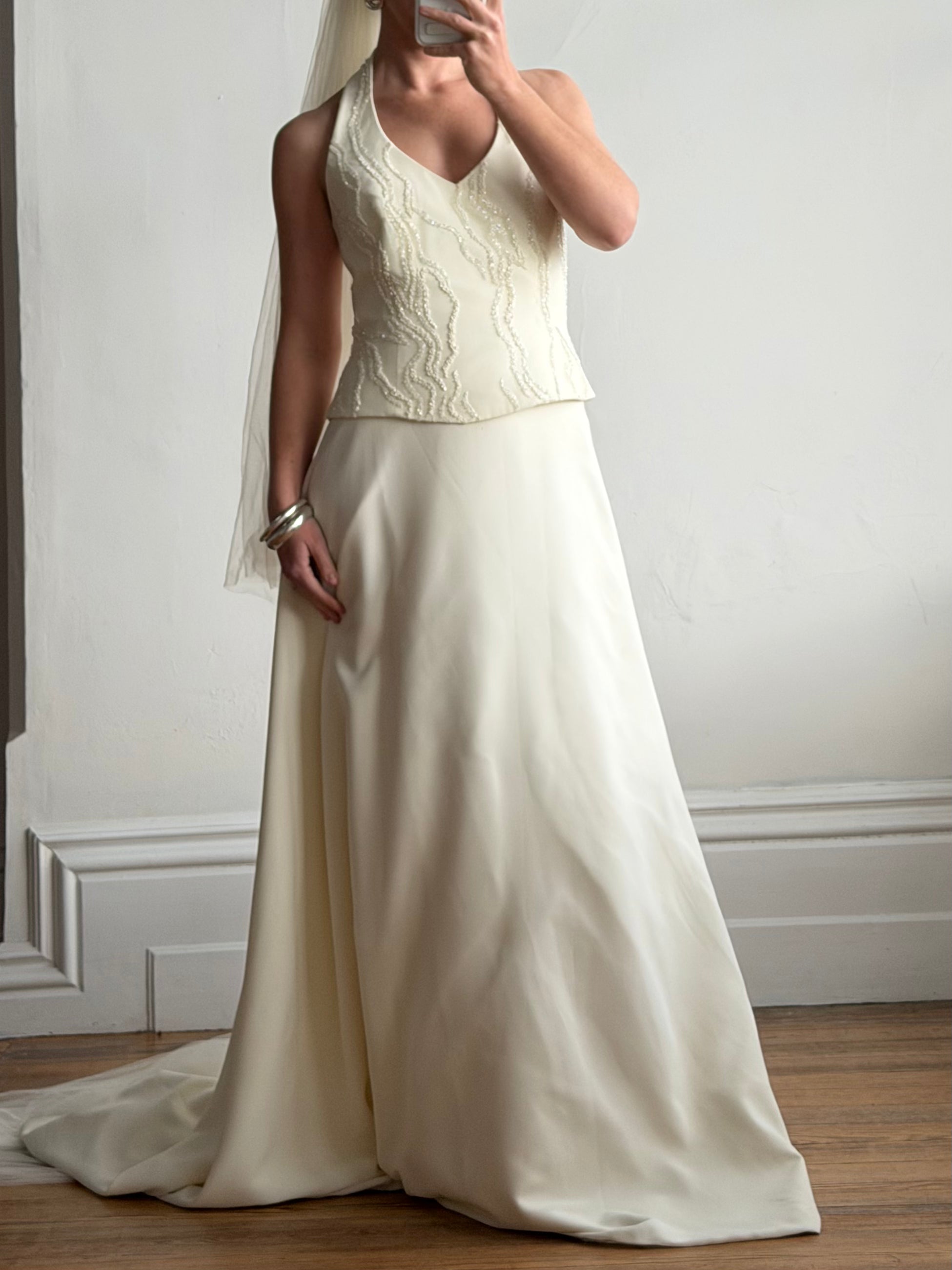 Vintage 90s Glass Beaded Halter Bodice &amp; Crepe Skirt Bridal Set