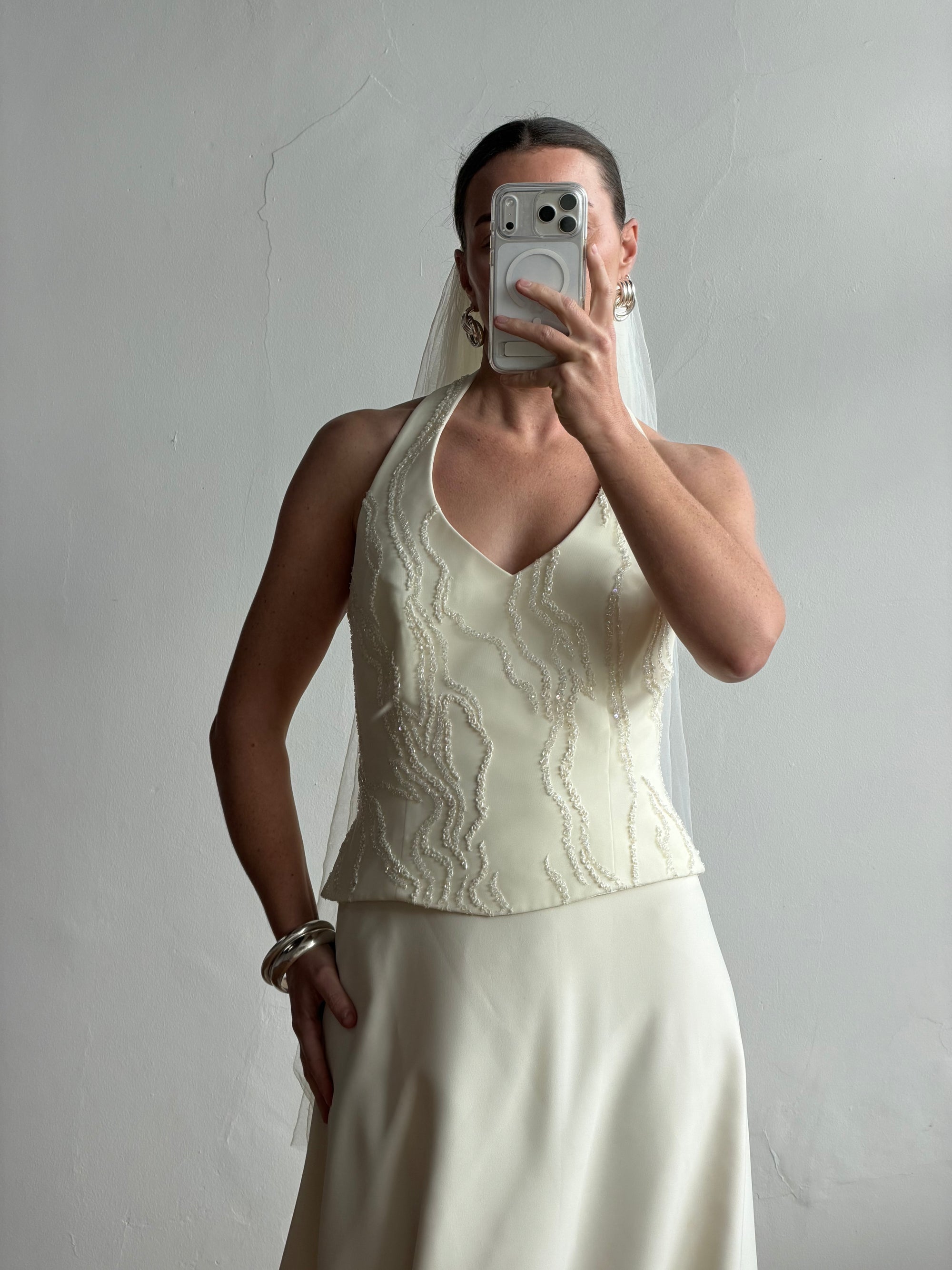 Vintage 90s Glass Beaded Halter Bodice &amp; Crepe Skirt Bridal Set