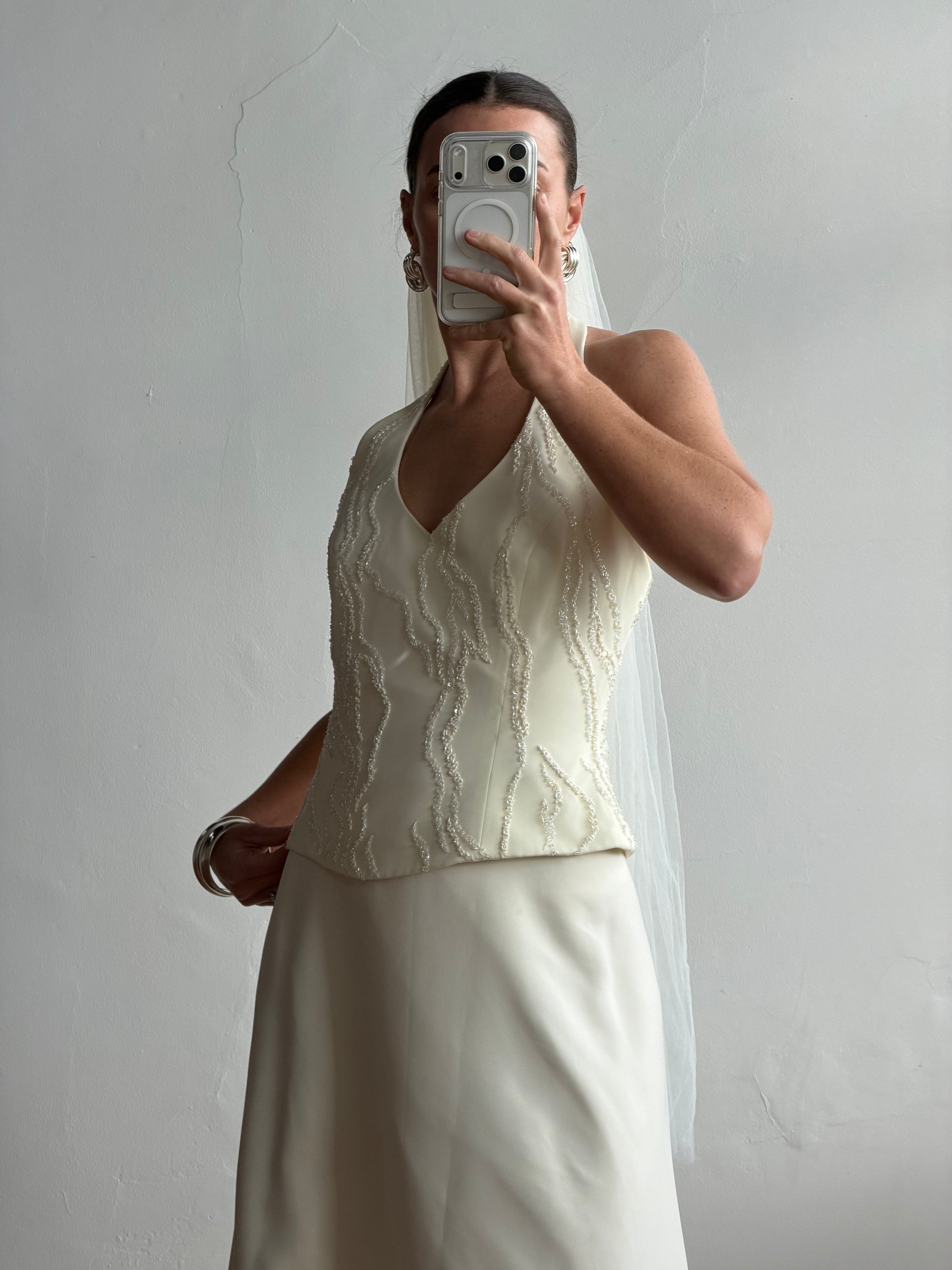 Vintage 90s Glass Beaded Halter Bodice &amp; Crepe Skirt Bridal Set