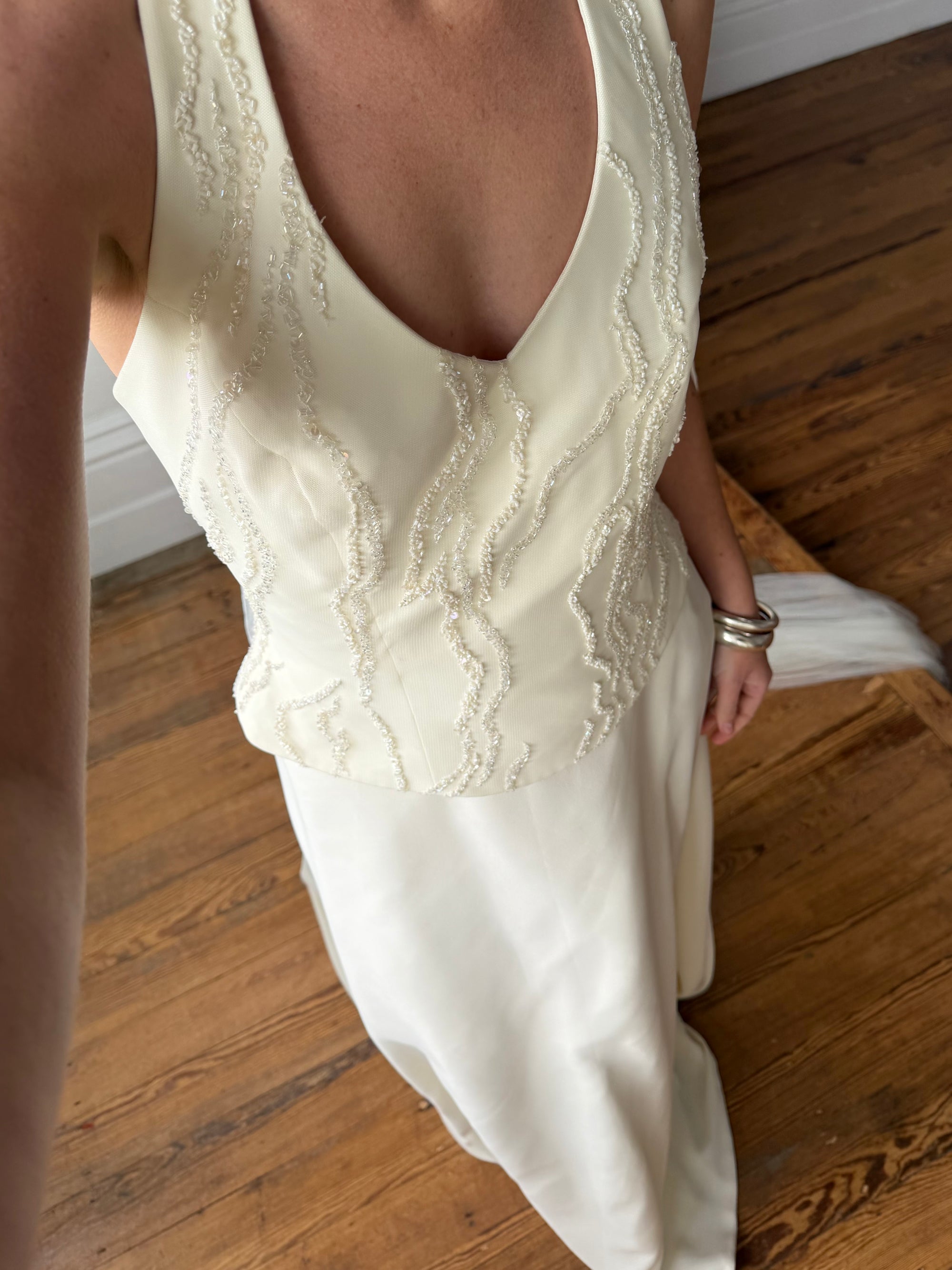 Vintage 90s Glass Beaded Halter Bodice &amp; Crepe Skirt Bridal Set