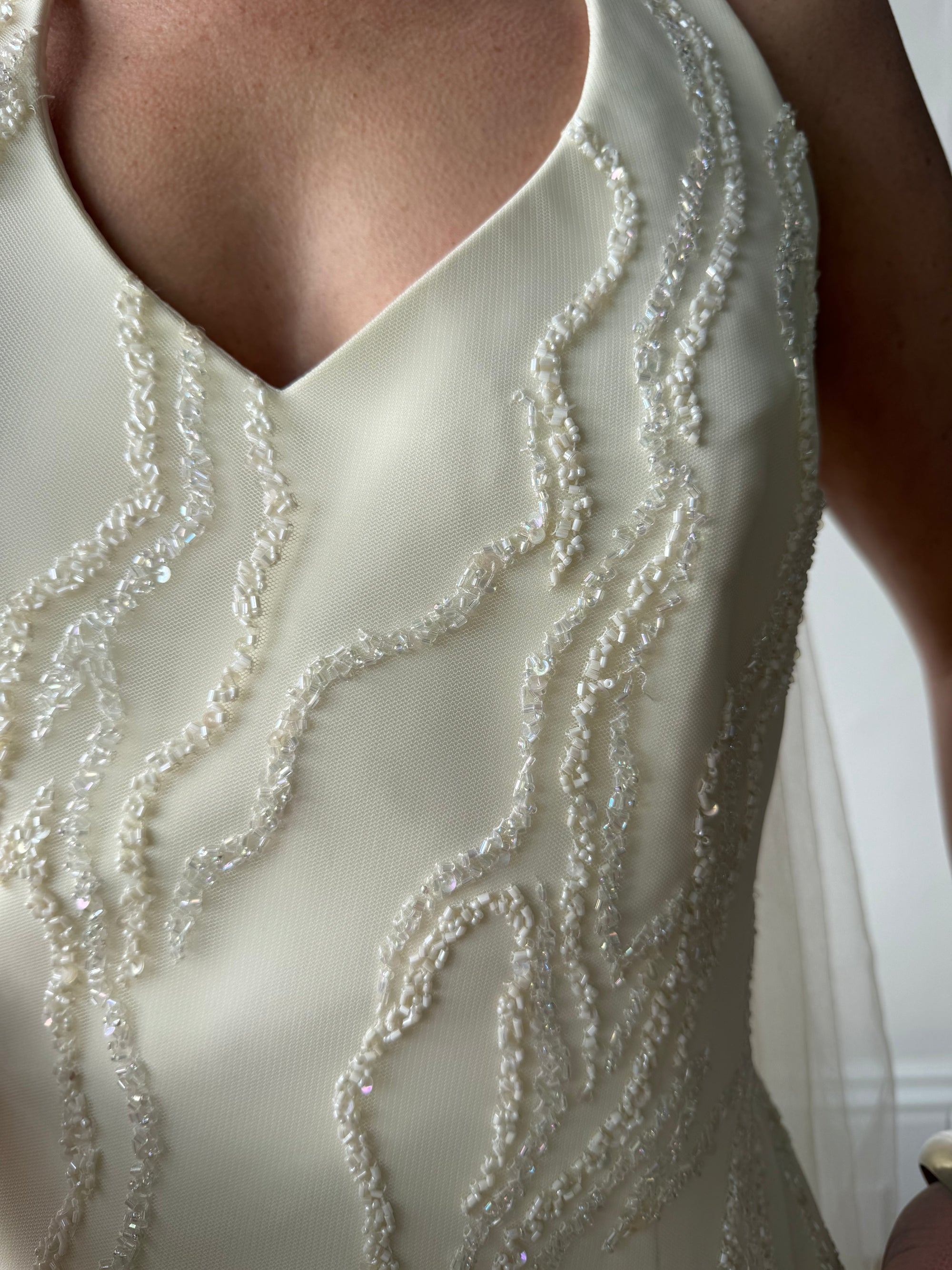 Vintage 90s Glass Beaded Halter Bodice &amp; Crepe Skirt Bridal Set