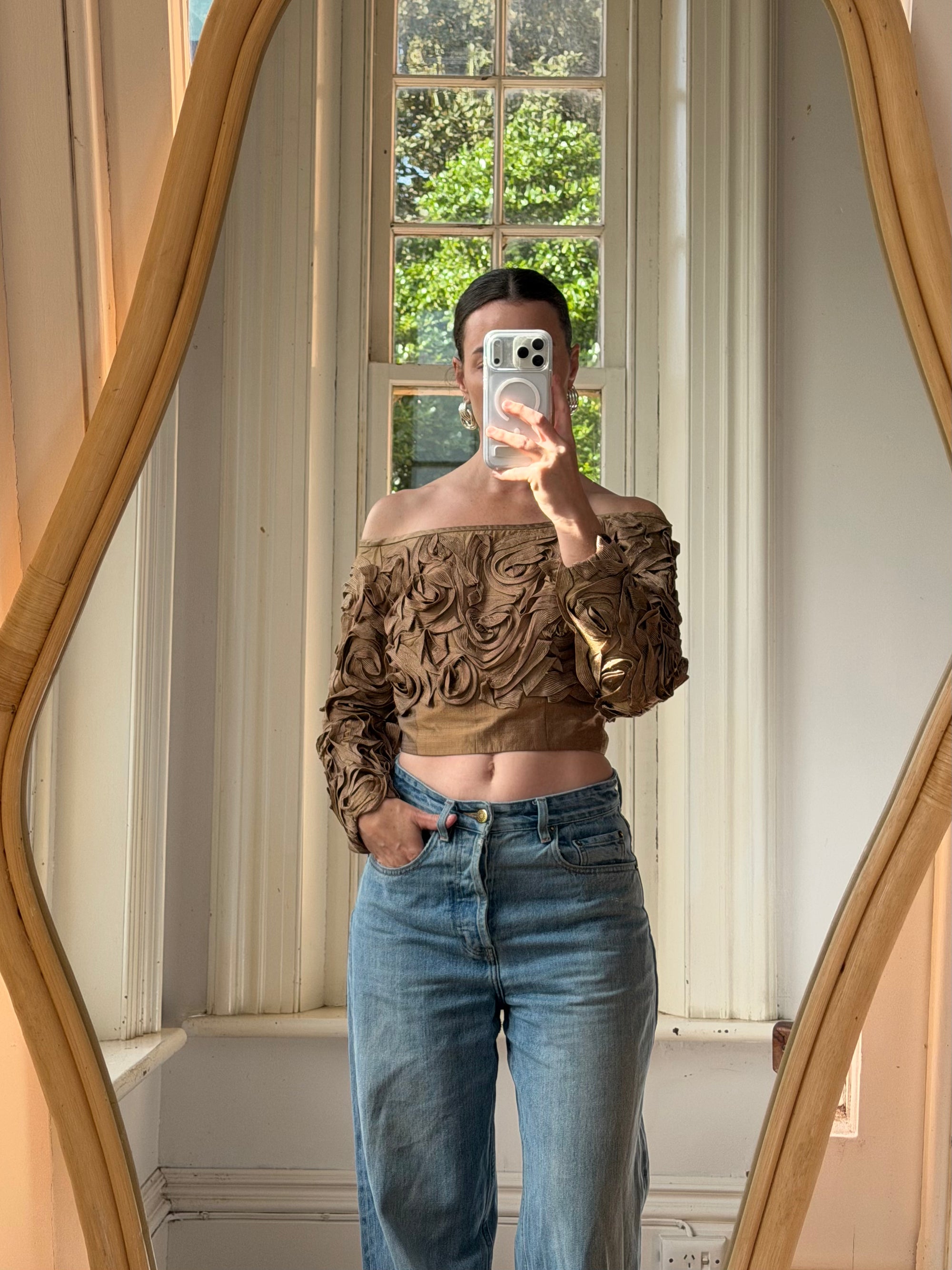 Vintage 70s Bronze Ribbon Rosette Off-Shoulder Top