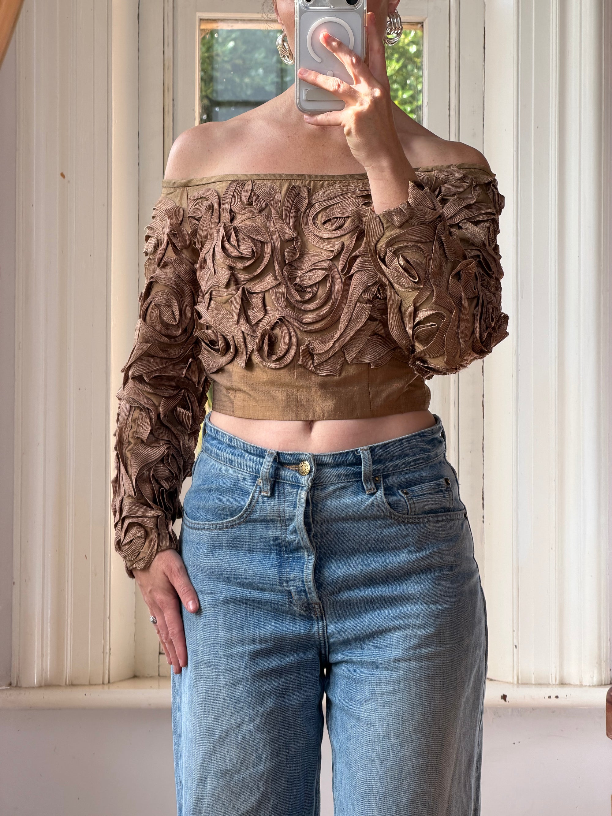 Vintage 70s Bronze Ribbon Rosette Off-Shoulder Top