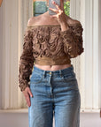 Vintage 70s Bronze Ribbon Rosette Off-Shoulder Top