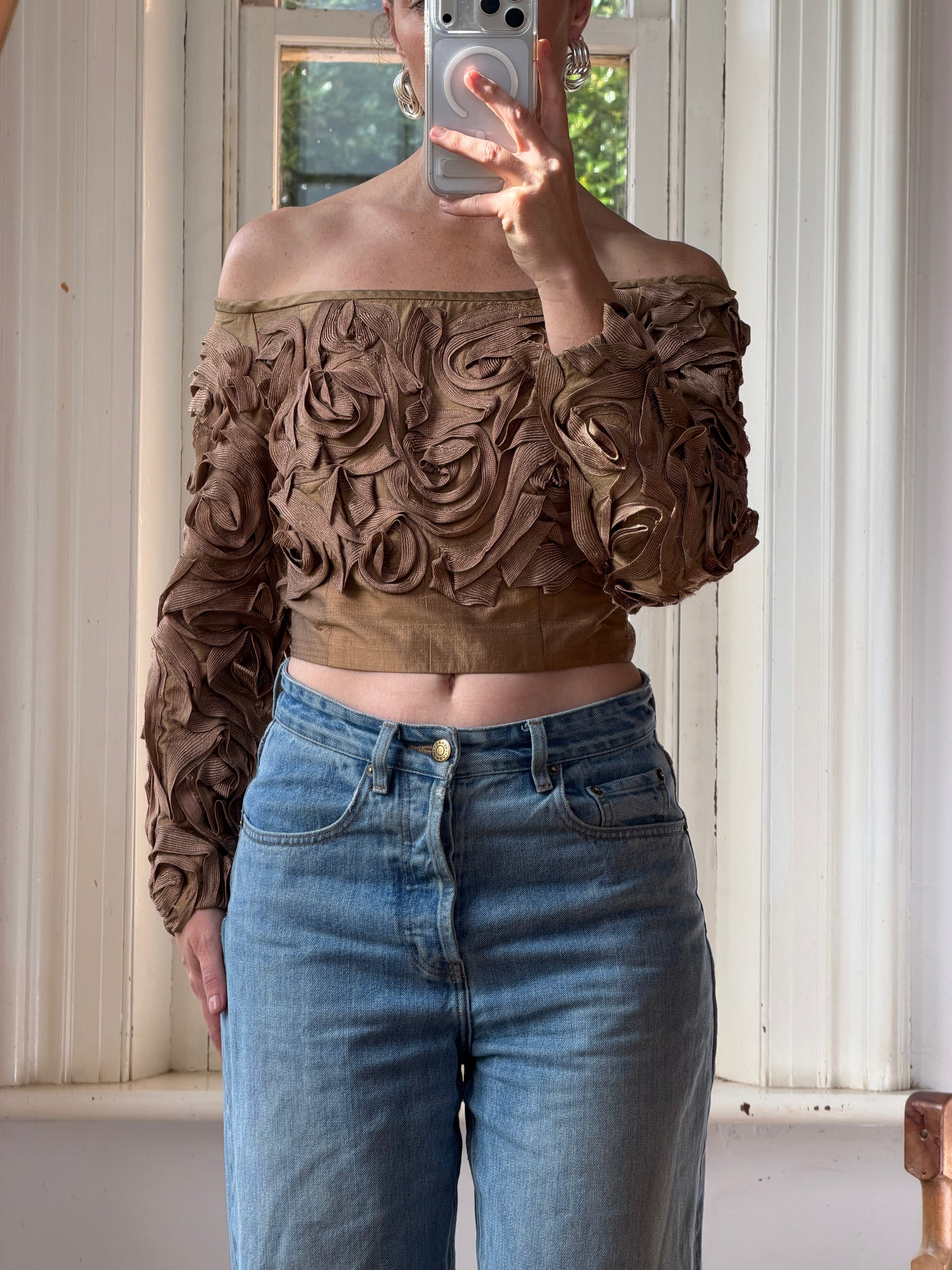 Vintage 70s Bronze Ribbon Rosette Off-Shoulder Top