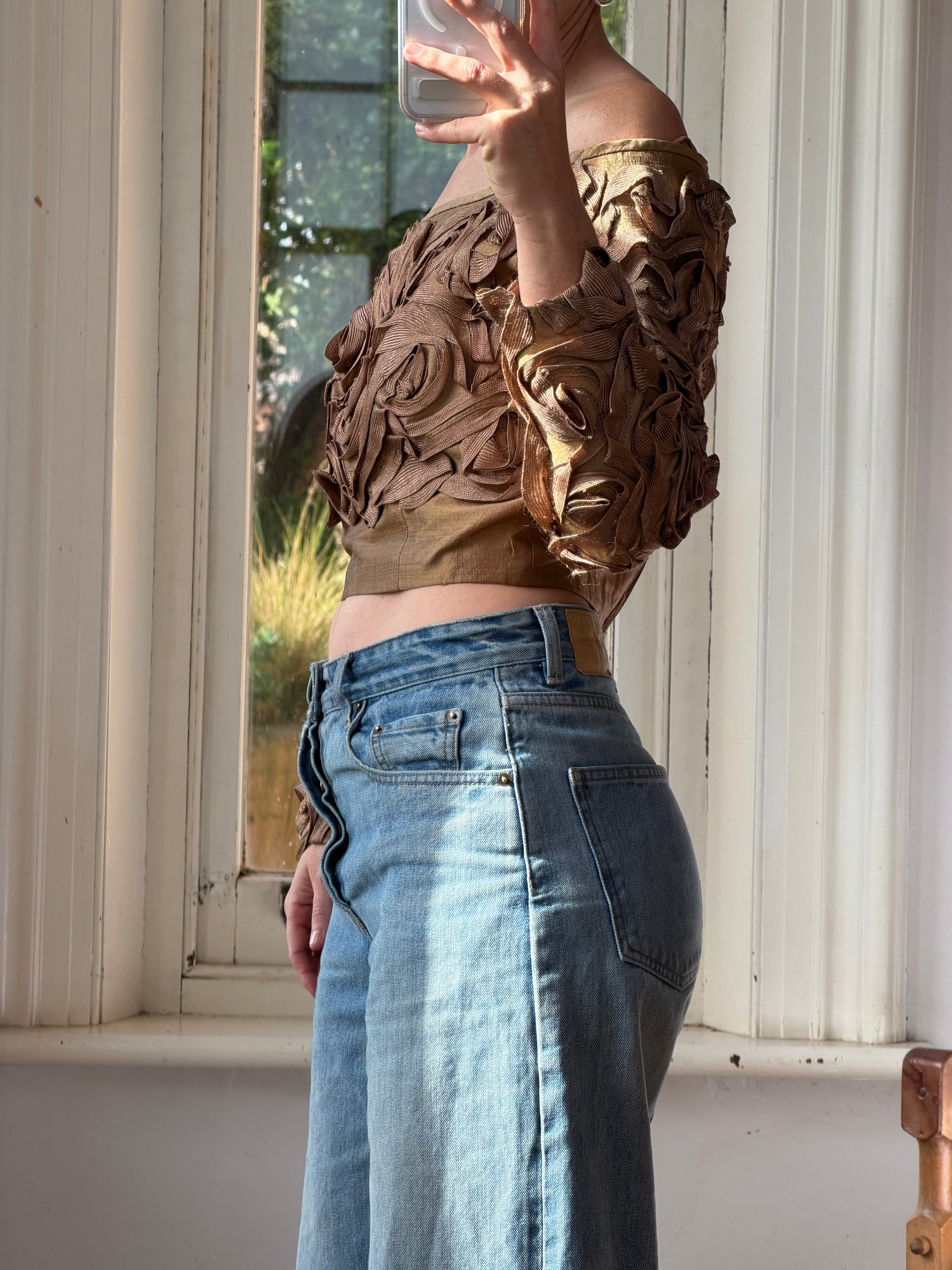 Vintage 70s Bronze Ribbon Rosette Off-Shoulder Top