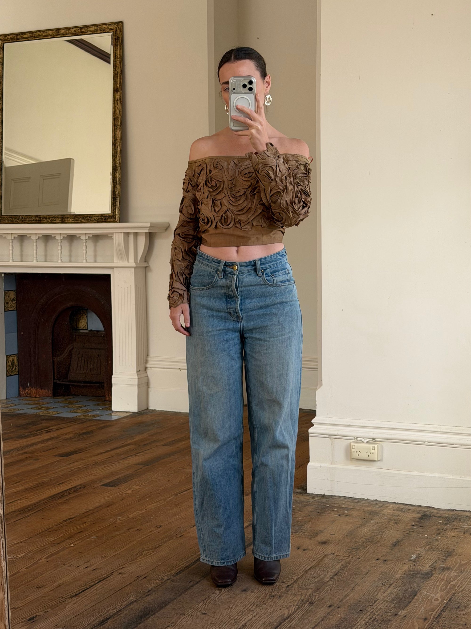 Vintage 70s Bronze Ribbon Rosette Off-Shoulder Top