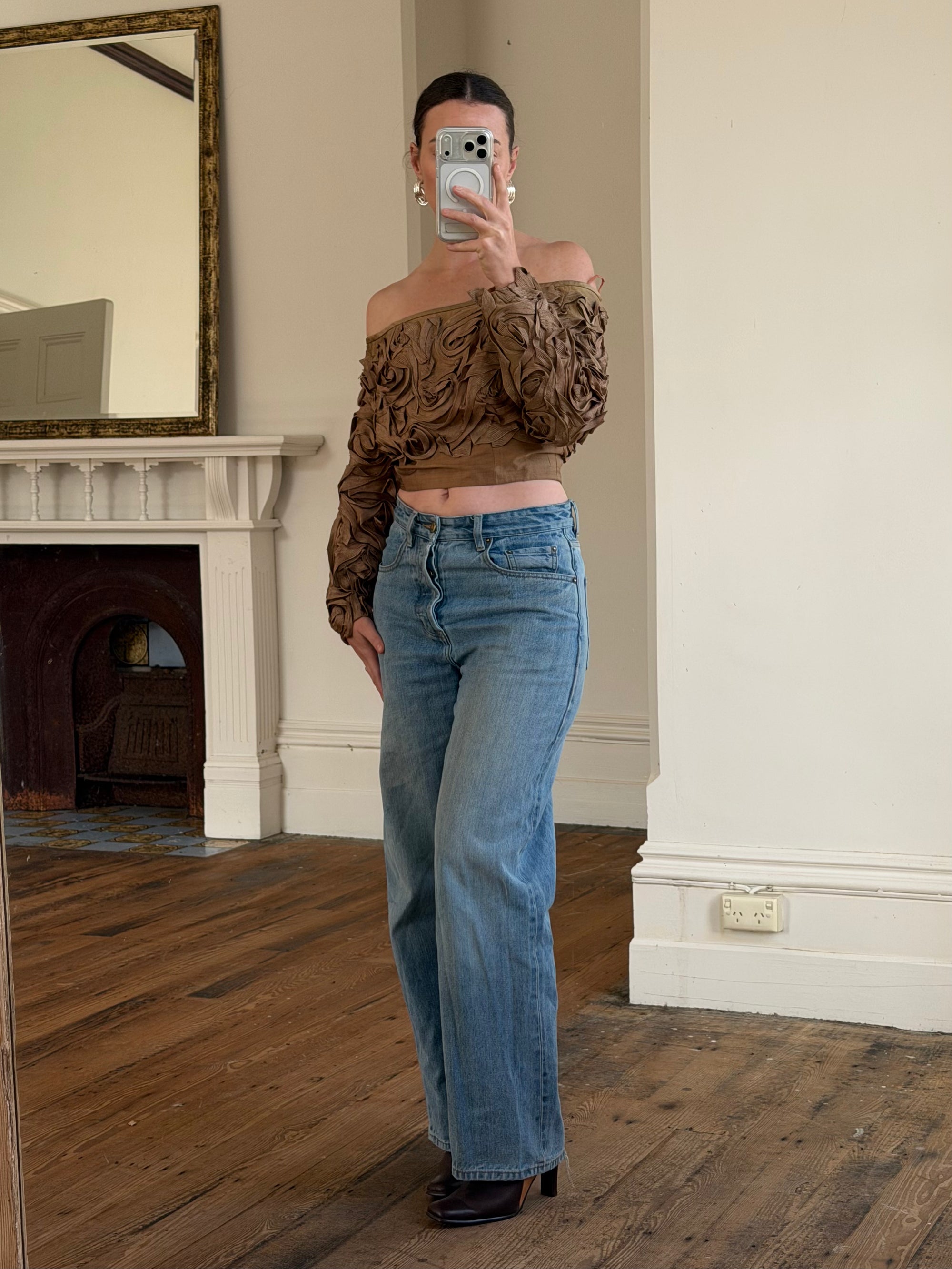Vintage 70s Bronze Ribbon Rosette Off-Shoulder Top
