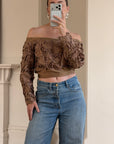 Vintage 70s Bronze Ribbon Rosette Off-Shoulder Top