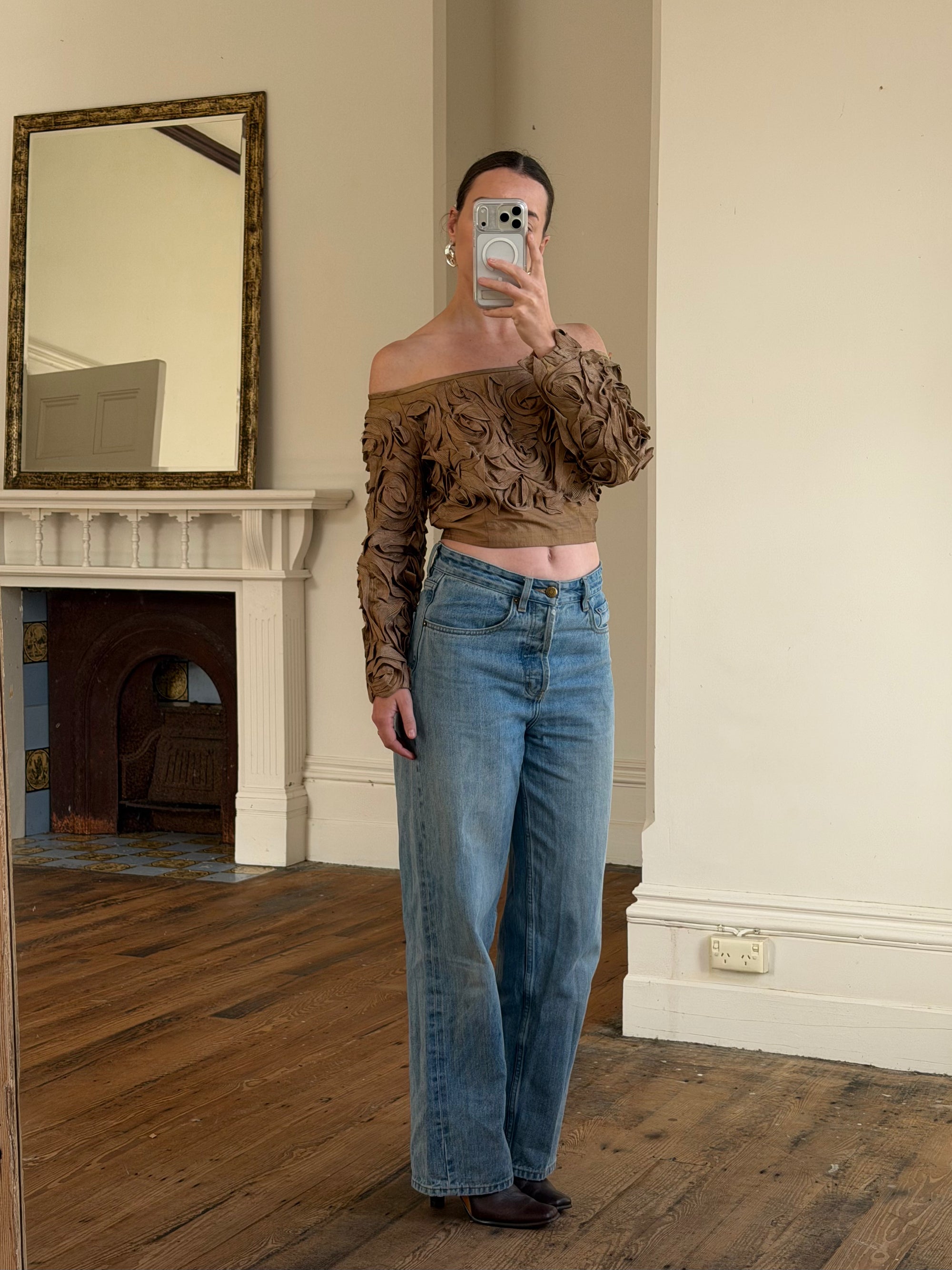 Vintage 70s Bronze Ribbon Rosette Off-Shoulder Top