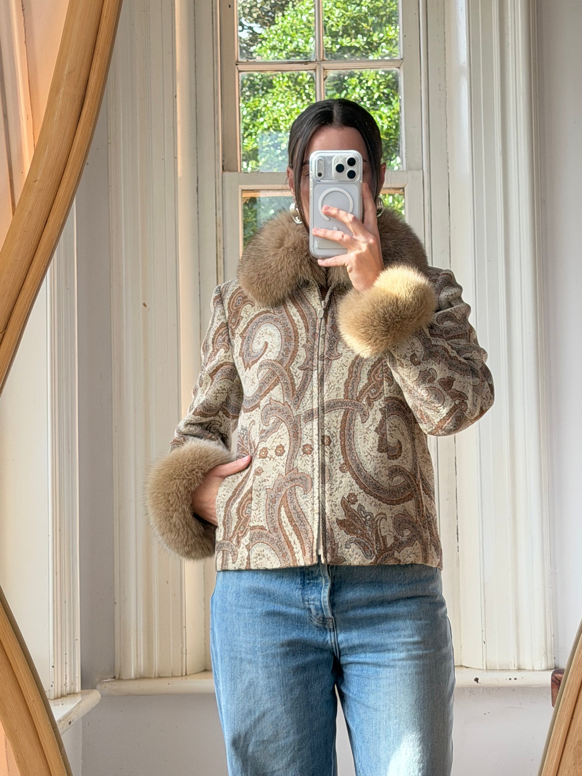 Vintage 70s Paisley Brocade Jacket With Fox Fur Collar &amp; Cuffs