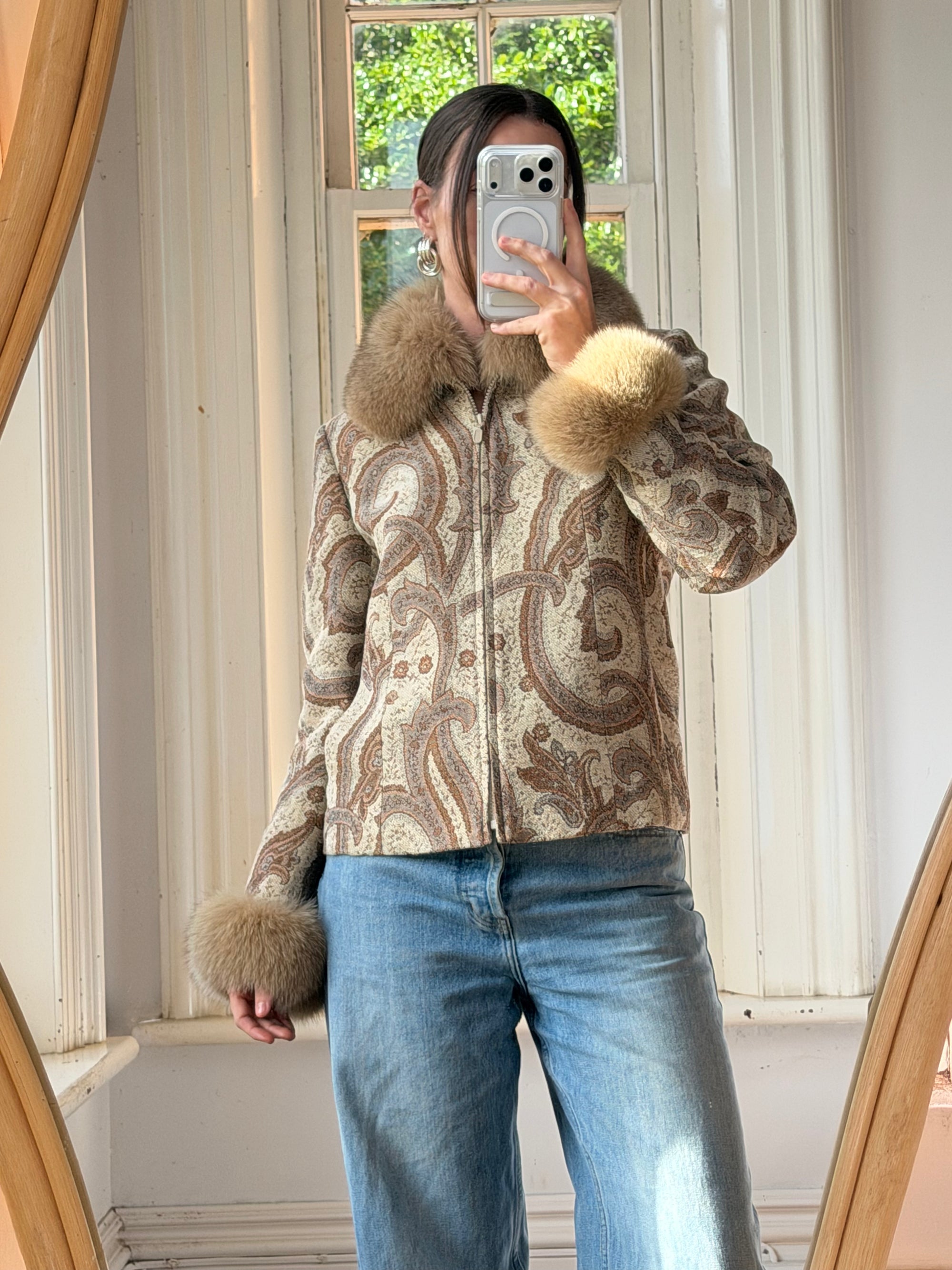 Vintage 70s Paisley Brocade Jacket With Fox Fur Collar &amp; Cuffs