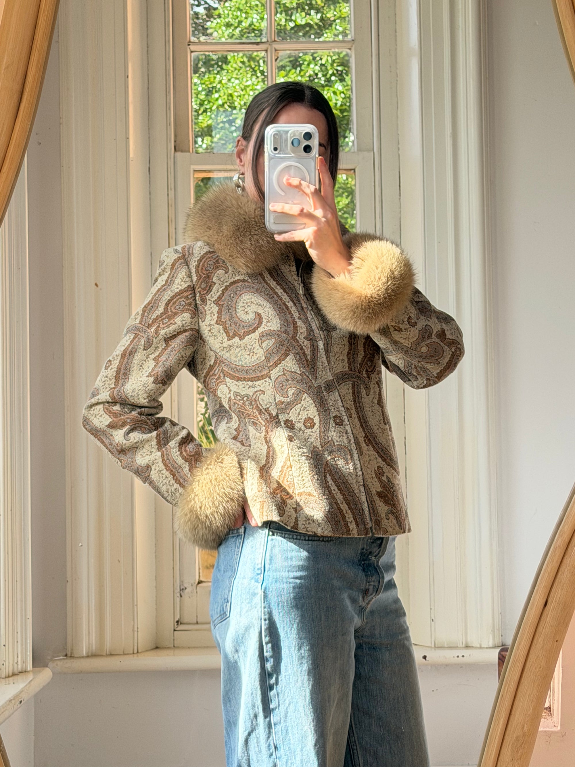Vintage 70s Paisley Brocade Jacket With Fox Fur Collar &amp; Cuffs