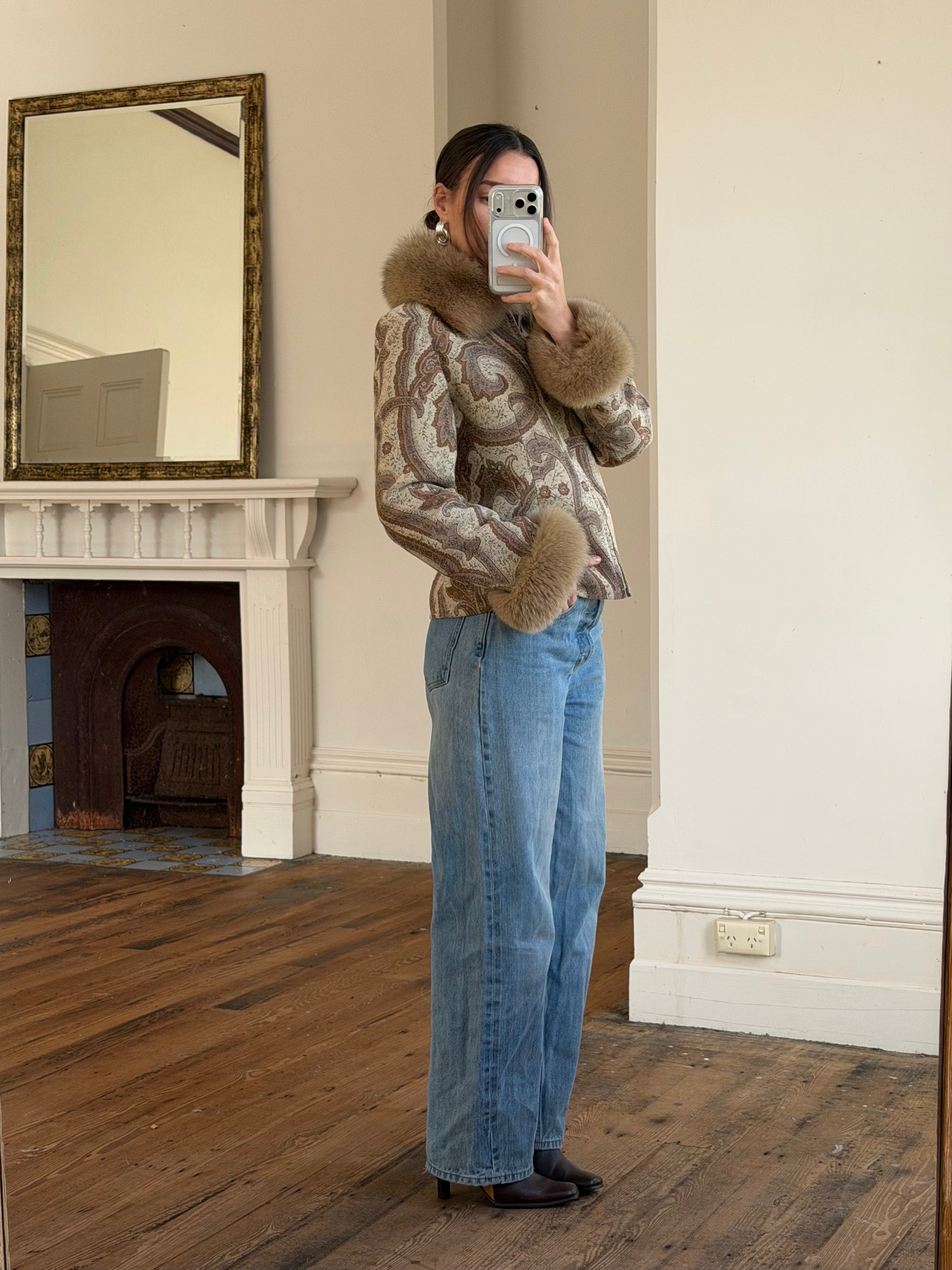 Vintage 70s Paisley Brocade Jacket With Fox Fur Collar &amp; Cuffs