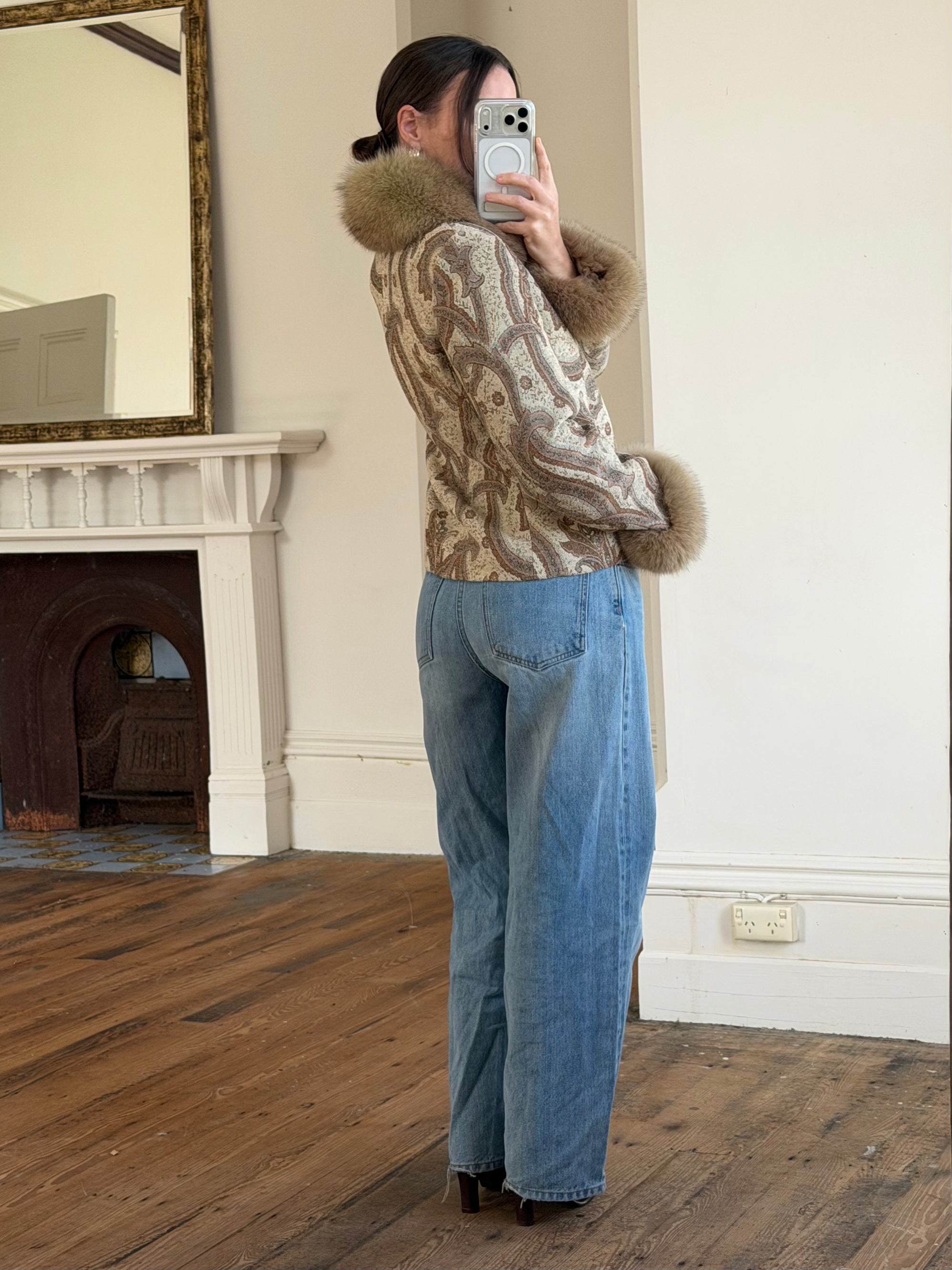 Vintage 70s Paisley Brocade Jacket With Fox Fur Collar &amp; Cuffs