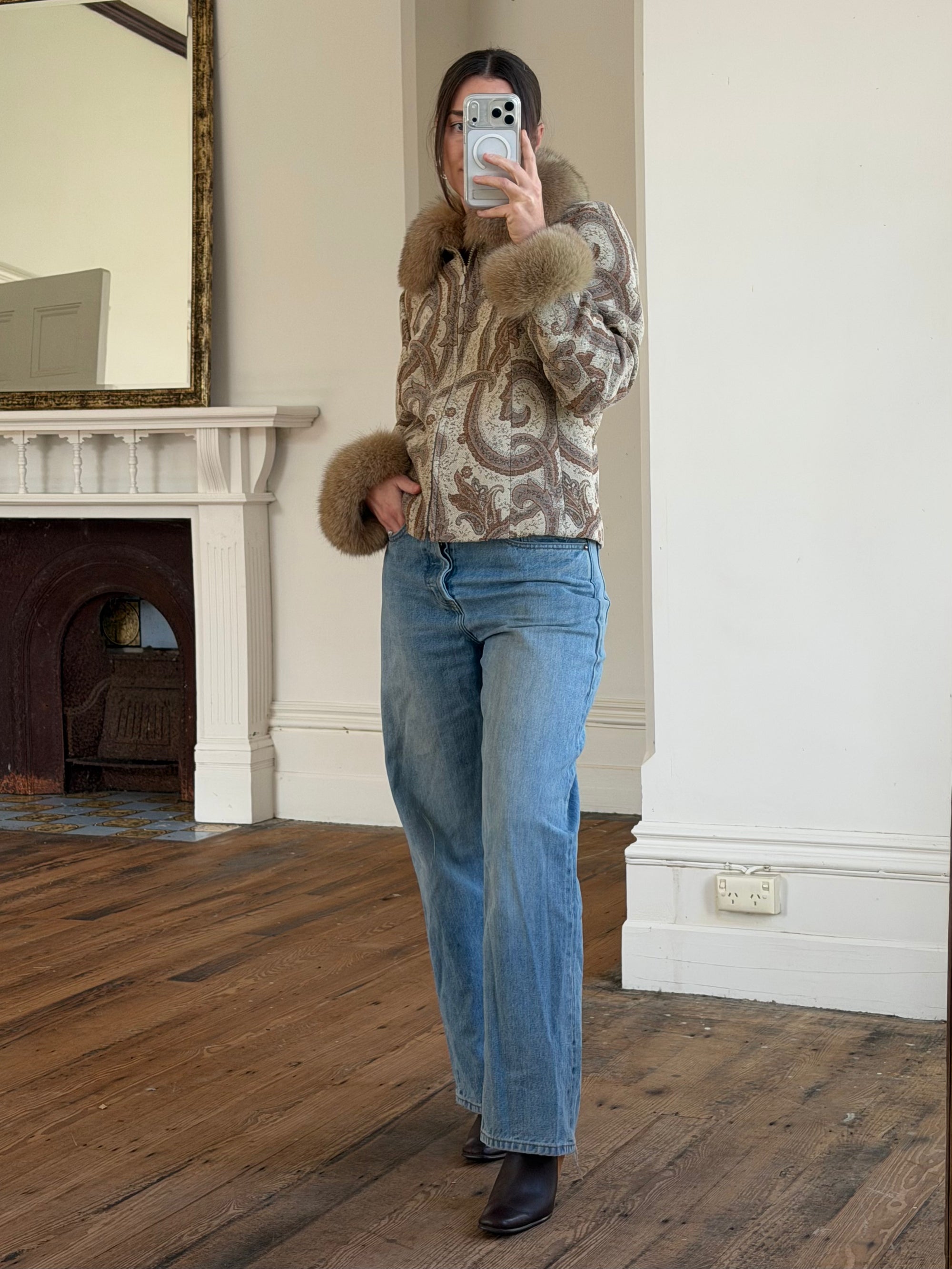 Vintage 70s Paisley Brocade Jacket With Fox Fur Collar &amp; Cuffs
