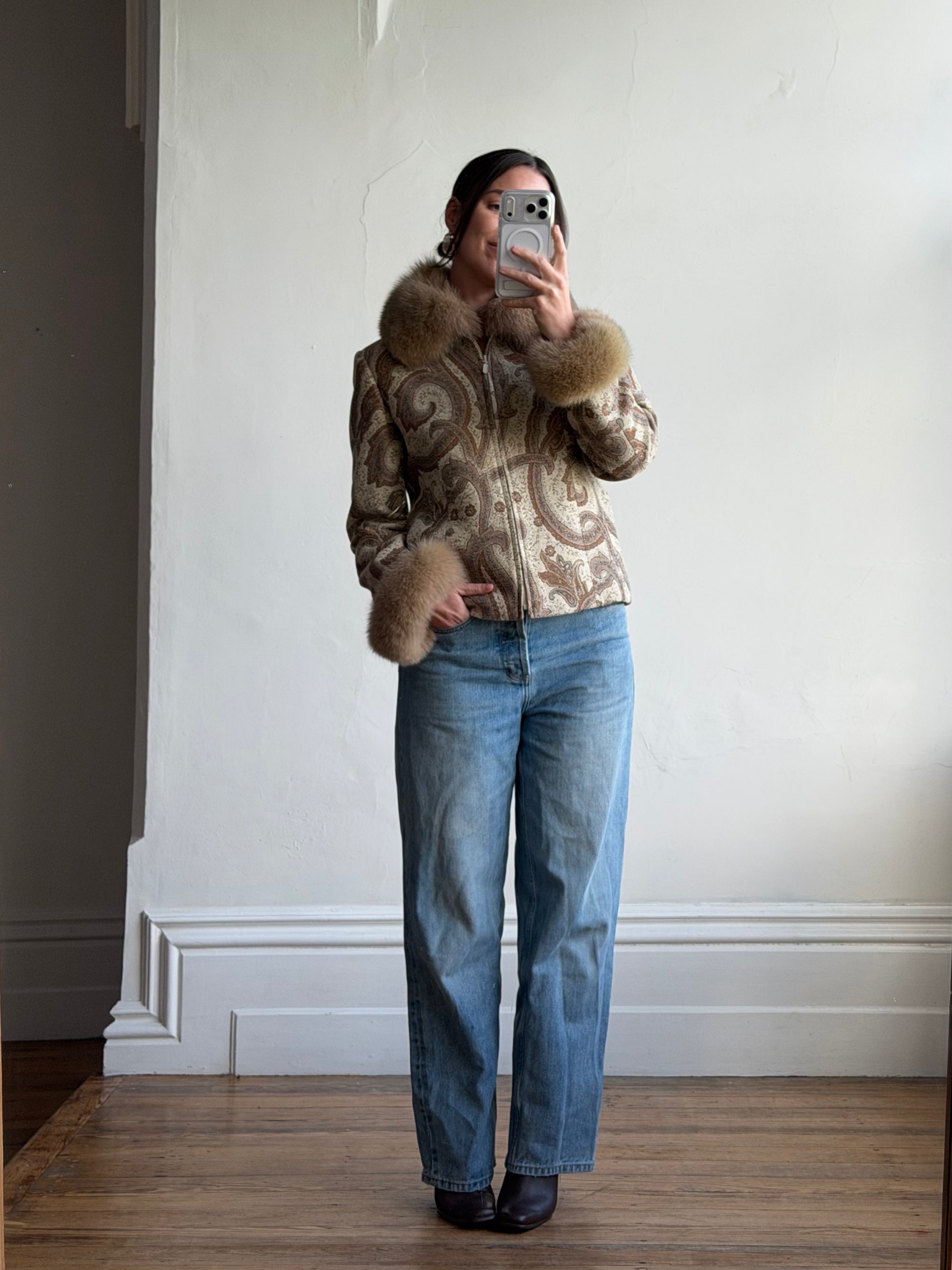 Vintage 70s Paisley Brocade Jacket With Fox Fur Collar &amp; Cuffs