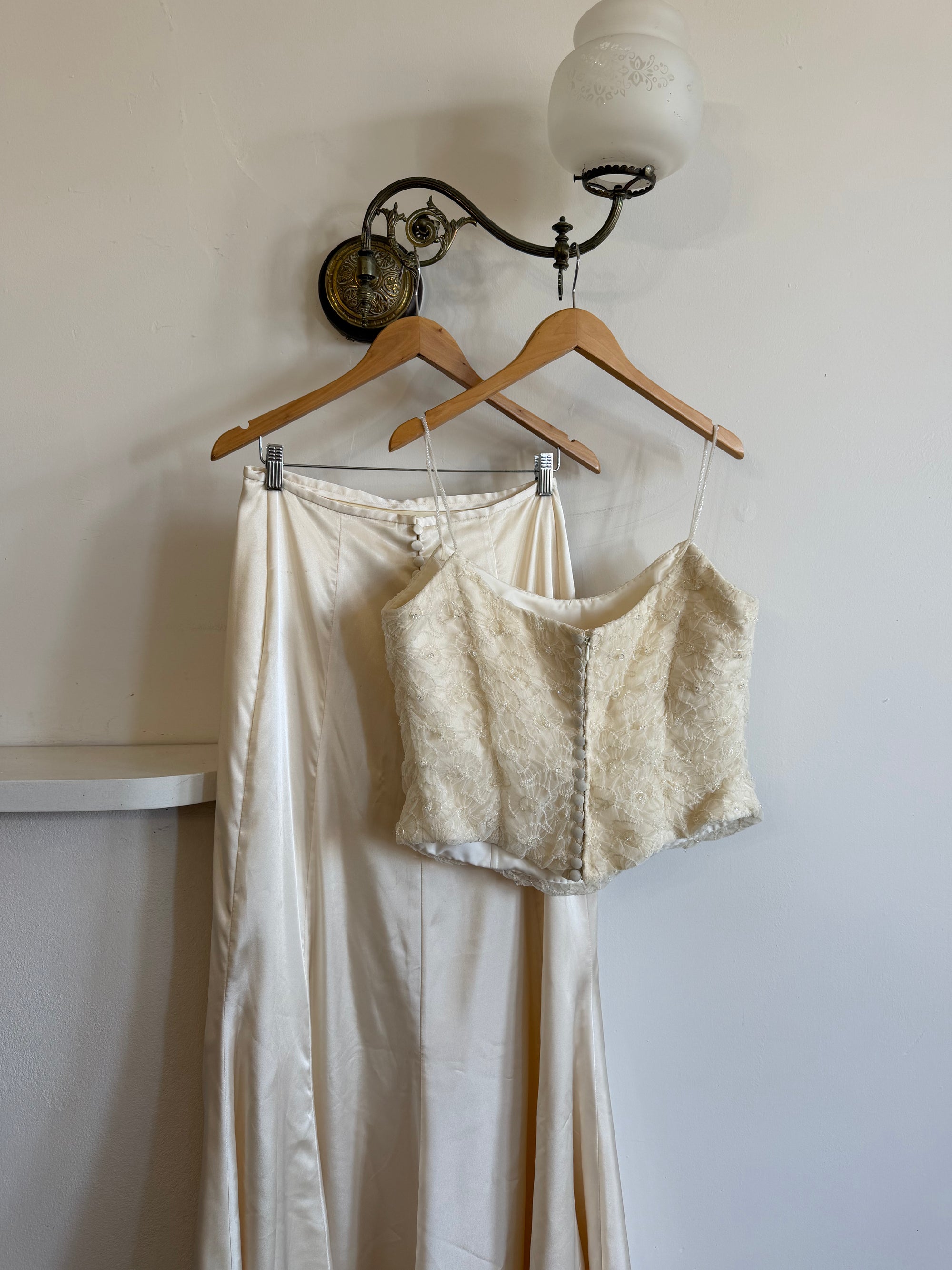 Vintage 90s Italian Daisy Beaded Silk Satin Bridal Set