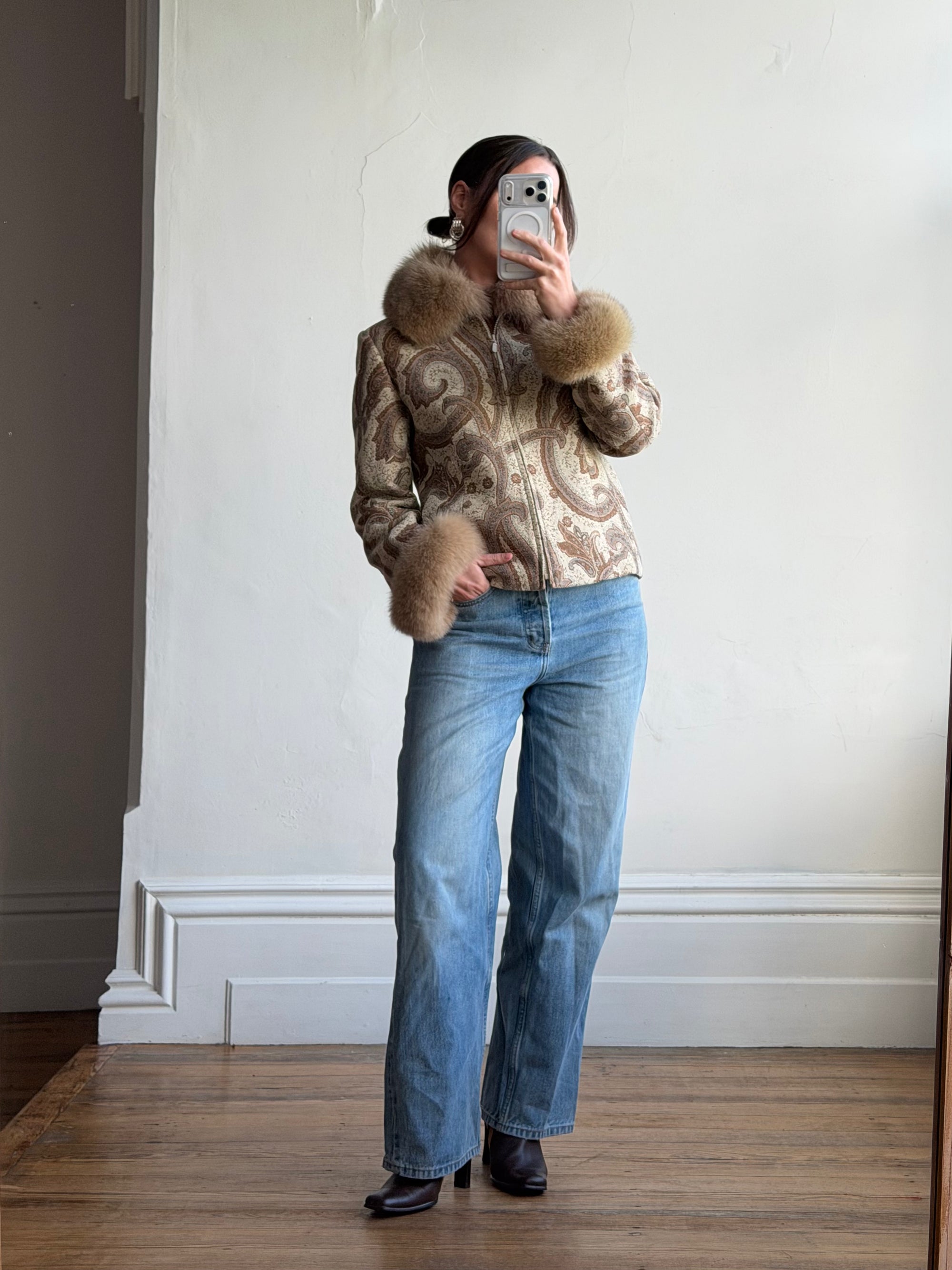 Vintage 70s Paisley Brocade Jacket With Fox Fur Collar &amp; Cuffs