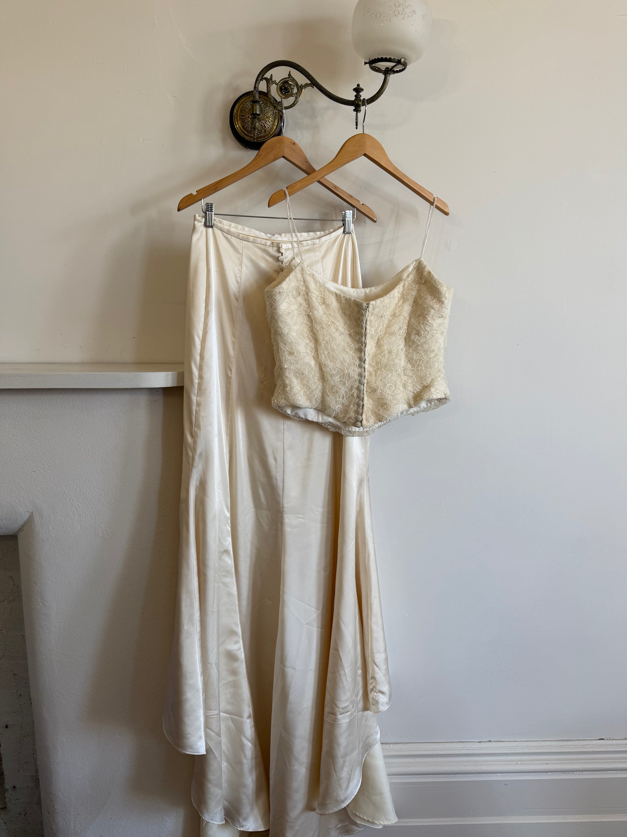 Vintage 90s Italian Daisy Beaded Silk Satin Bridal Set