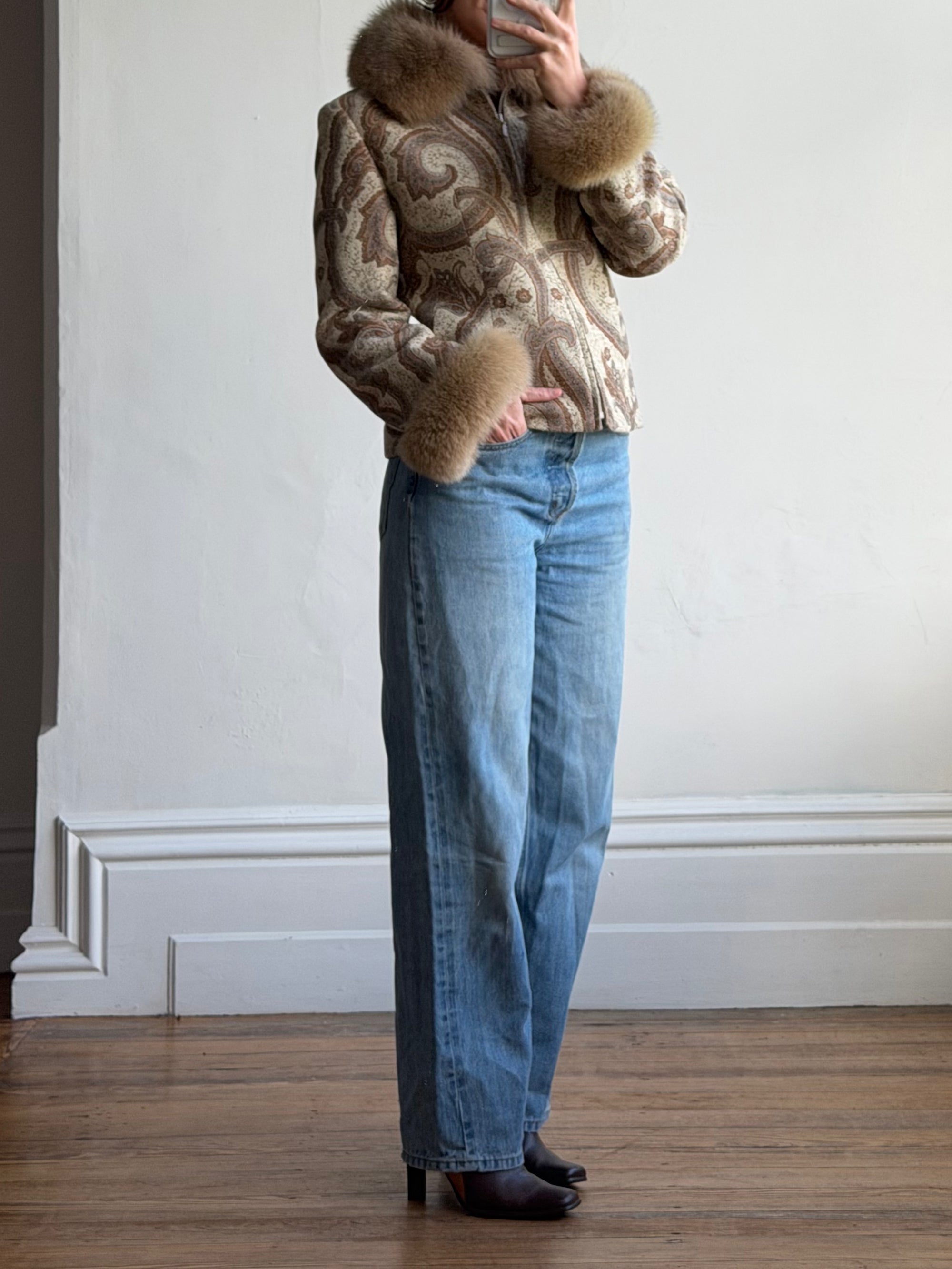 Vintage 70s Paisley Brocade Jacket With Fox Fur Collar &amp; Cuffs