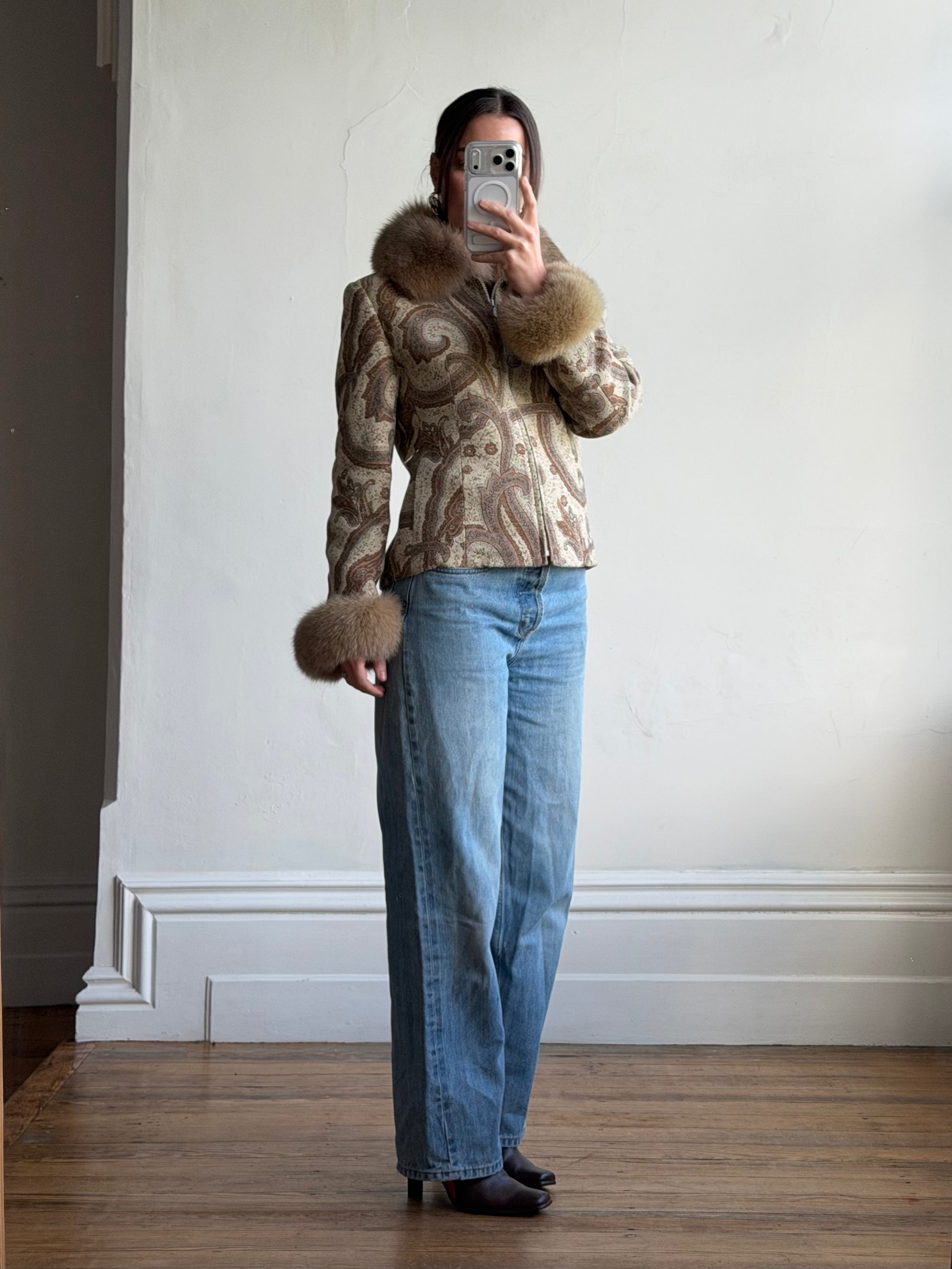 Vintage 70s Paisley Brocade Jacket With Fox Fur Collar &amp; Cuffs