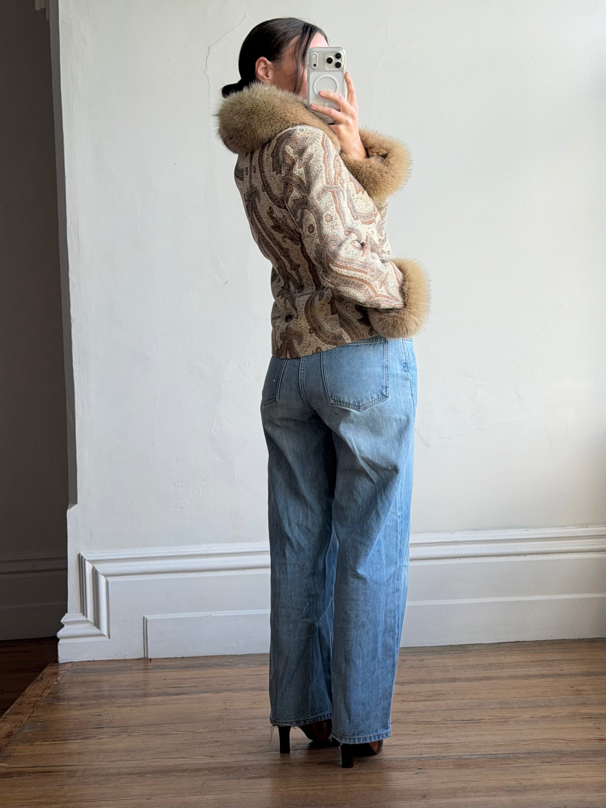Vintage 70s Paisley Brocade Jacket With Fox Fur Collar &amp; Cuffs