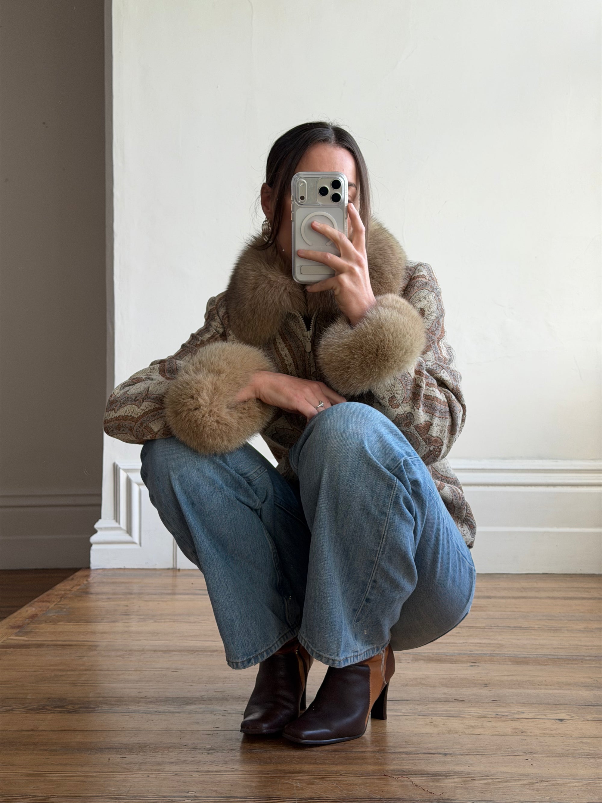 Vintage 70s Paisley Brocade Jacket With Fox Fur Collar &amp; Cuffs