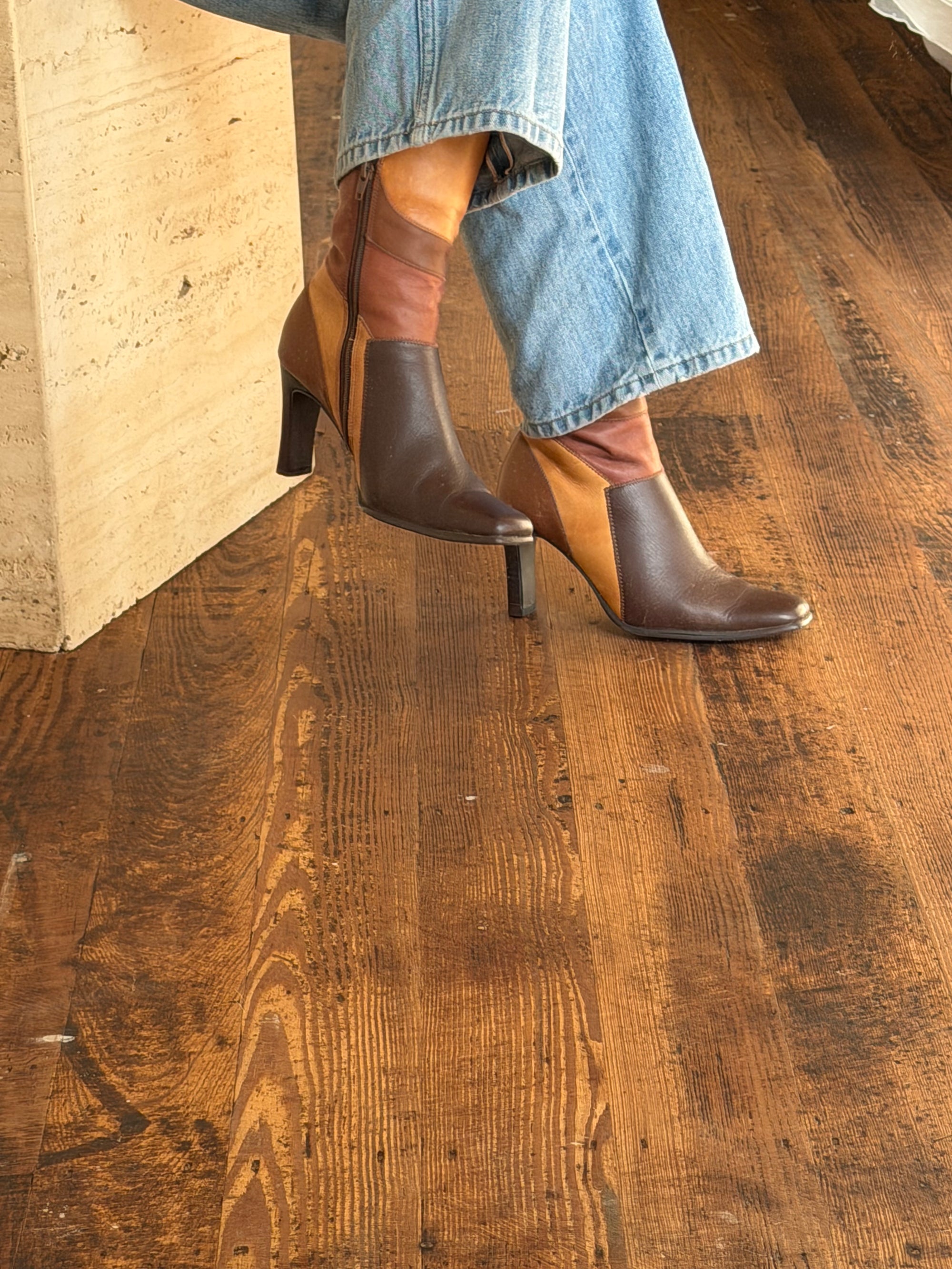 Vintage 90s Square Toe Patchwork Caramel Leather Boots