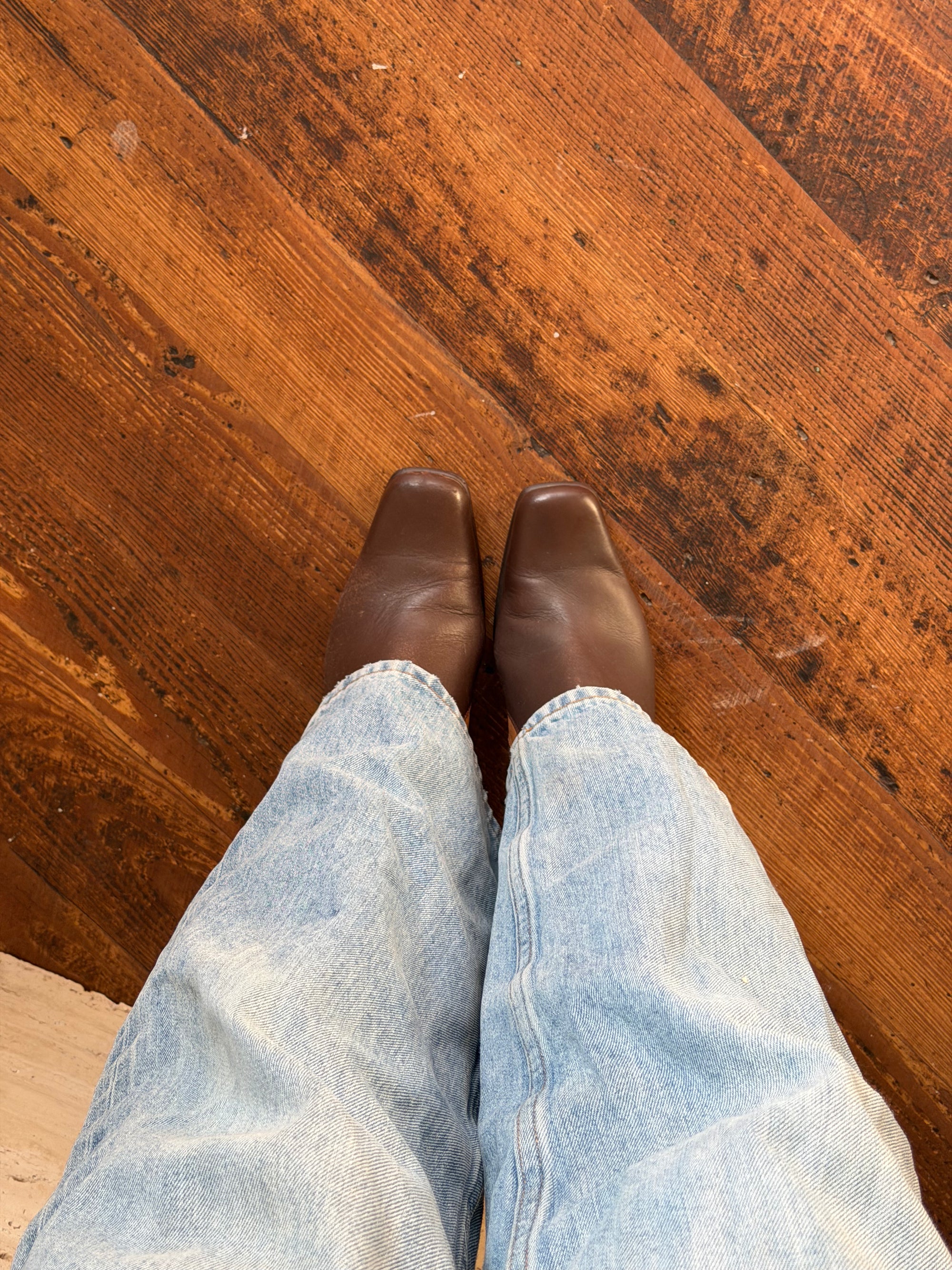 Vintage 90s Square Toe Patchwork Caramel Leather Boots
