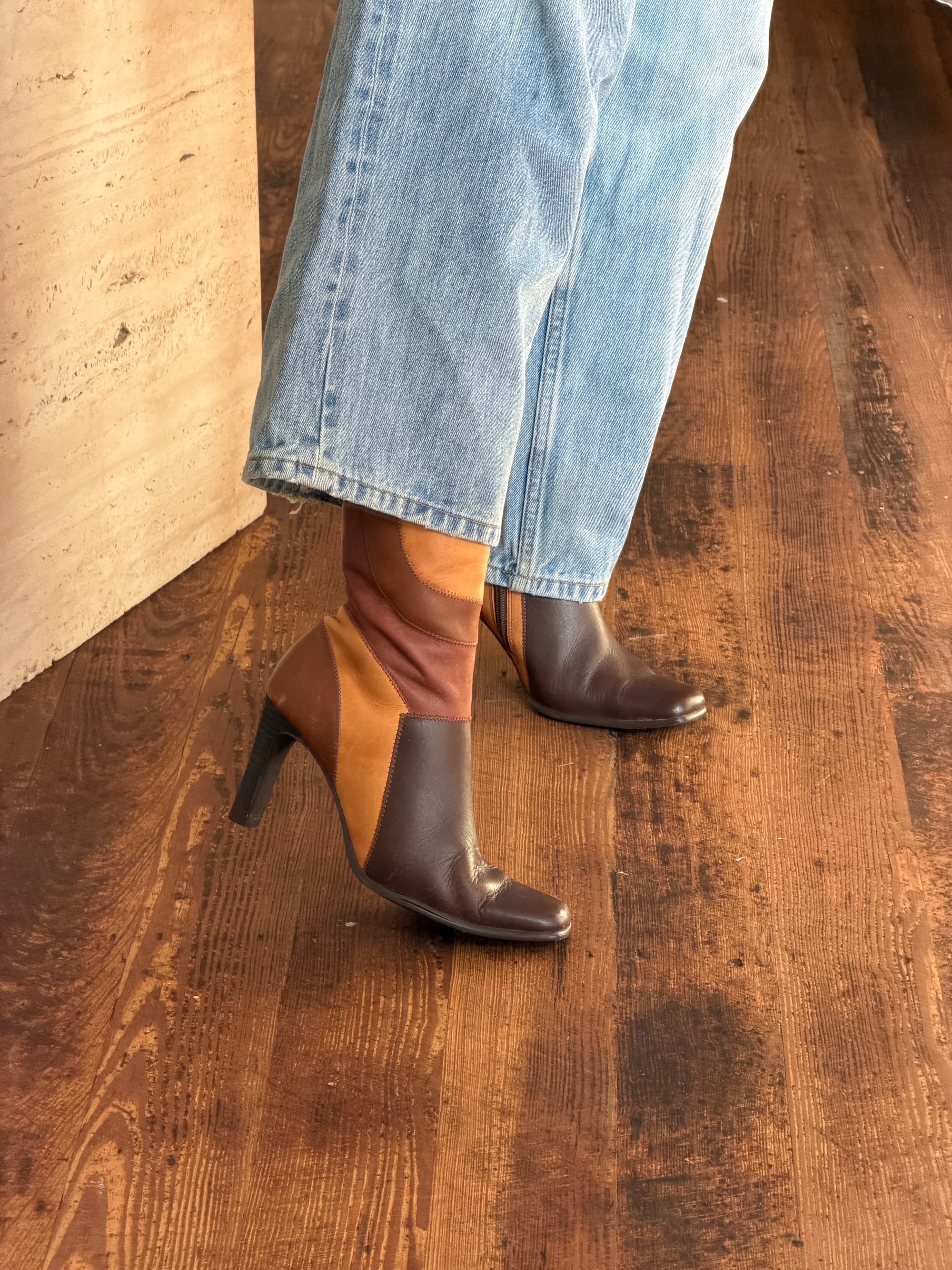 Vintage 90s Square Toe Patchwork Caramel Leather Boots