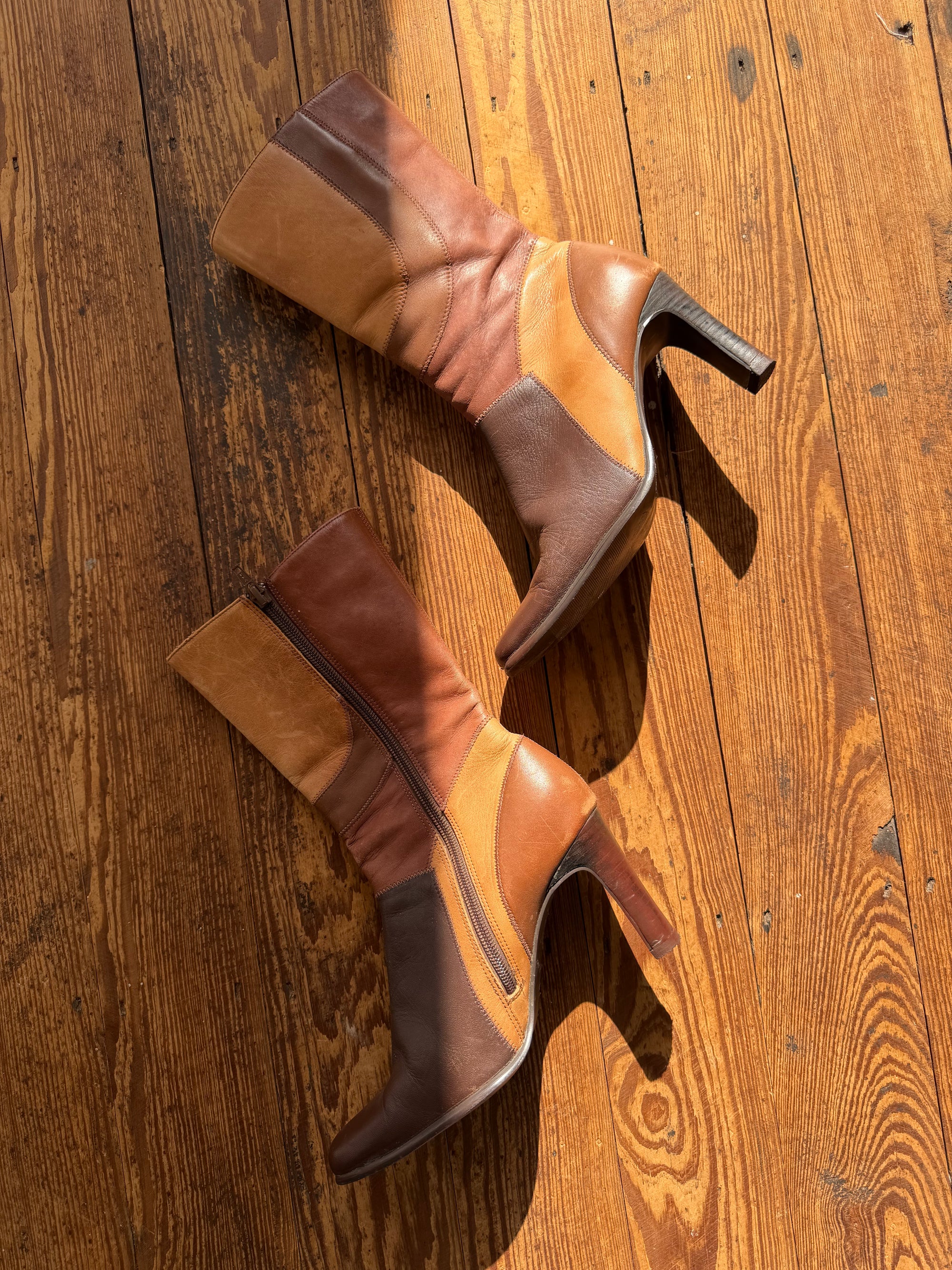 Vintage 90s Square Toe Patchwork Caramel Leather Boots