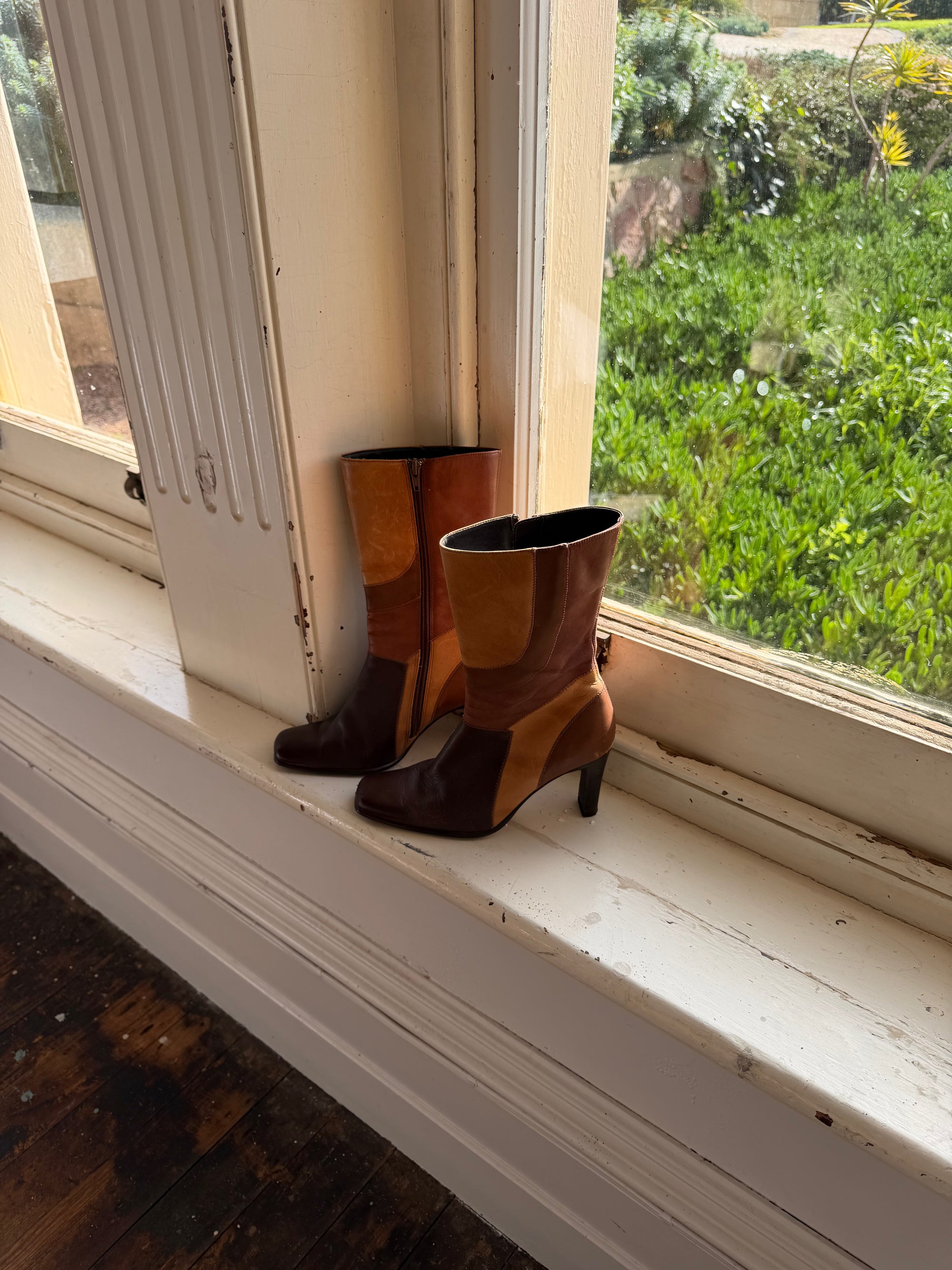 Vintage 90s Square Toe Patchwork Caramel Leather Boots