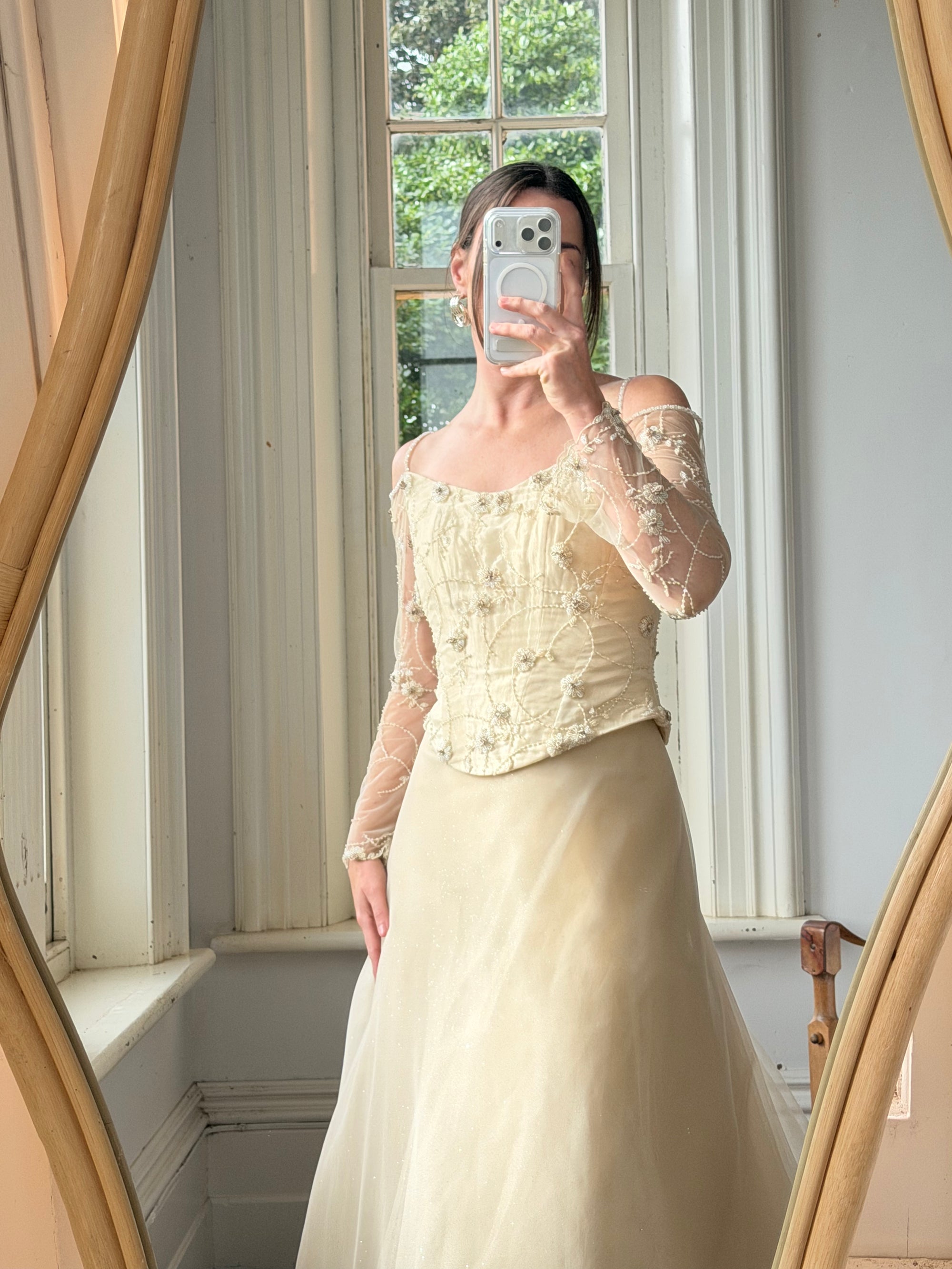 Vintage 90s Daisy Glass Bead Long Sleeved Bustier &amp; Sparkle Tulle Ball Gown Set