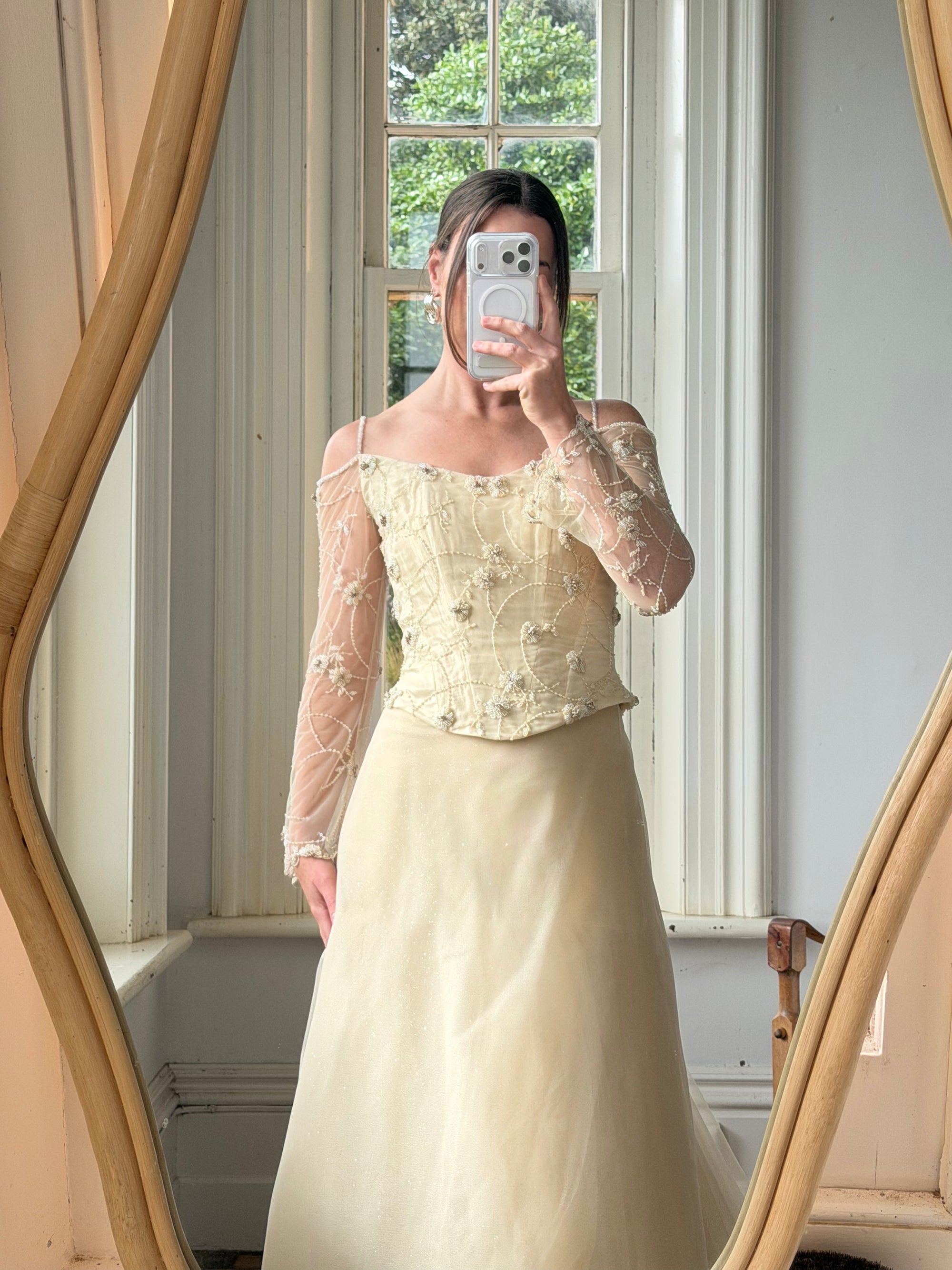 Vintage 90s Daisy Glass Bead Long Sleeved Bustier &amp; Sparkle Tulle Ball Gown Set