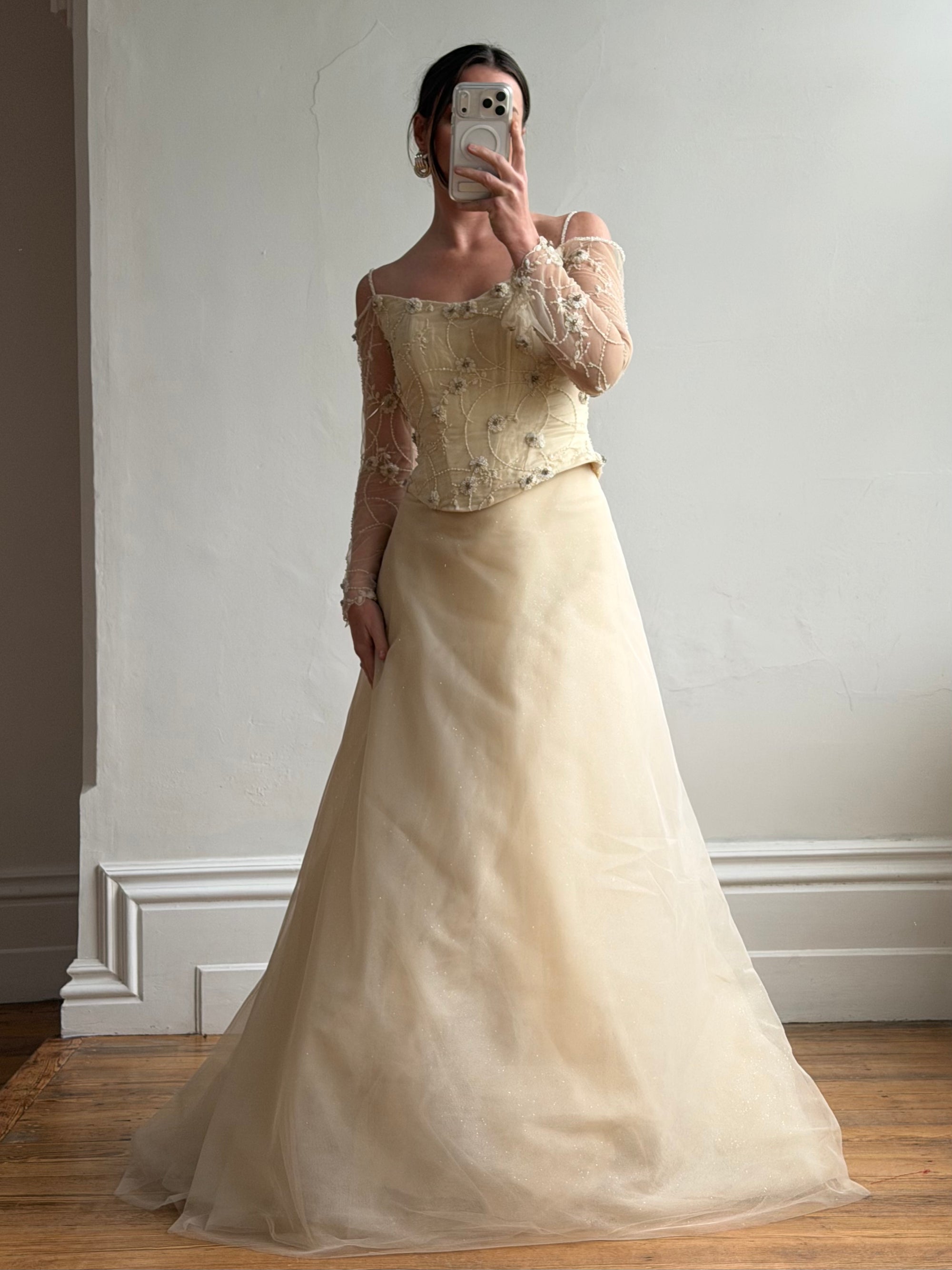 Vintage 90s Daisy Glass Bead Long Sleeved Bustier &amp; Sparkle Tulle Ball Gown Set